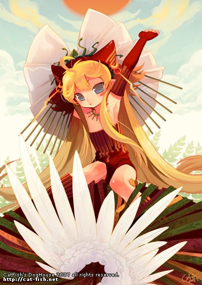 mao yu, neko gyo, original, 1girl, blonde hair, blue eyes, blush, female focus, flat chest, hat, long hair, sitting, solo