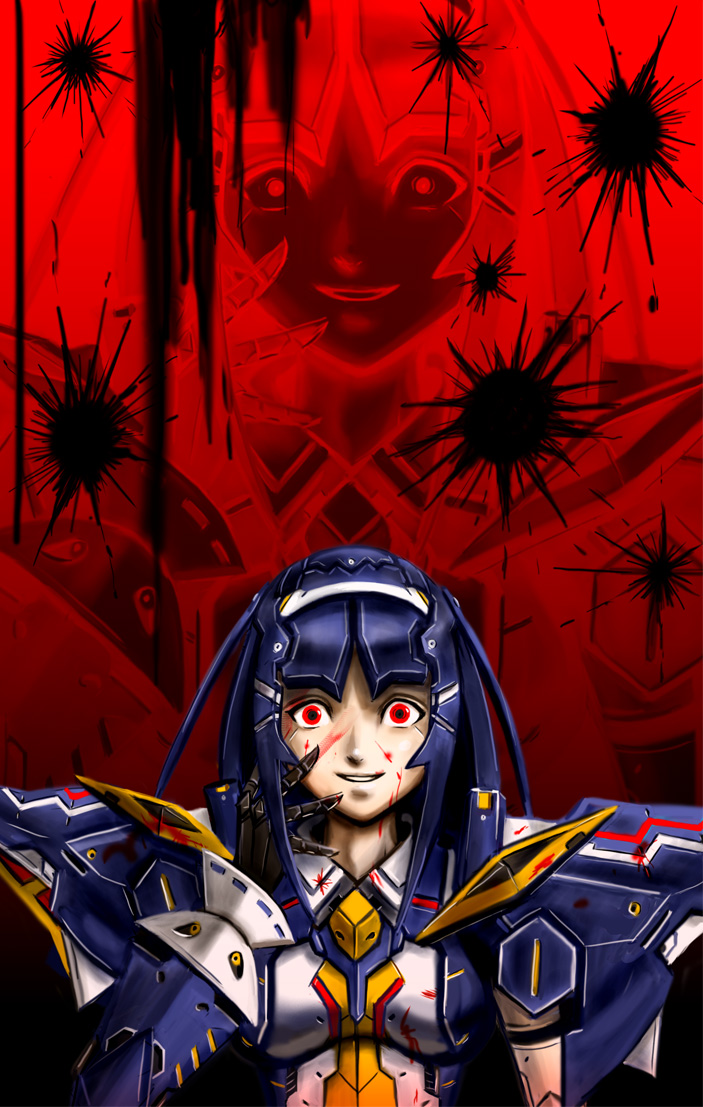 sushi (sashimise), ionia series, lisa (pso2), phantasy star, phantasy star online 2, 1girl, android, armor, black hair, blood, blood on clothes, blood on face, blood splatter, blood stain, breasts, crazy, crazy eyes, crazy smile, different zoom layer, hand on own face, hand up, joints, long hair, looking at viewer, medium breasts, metal hair, parted lips, projected inset, red background, red eyes, robot joints, shoulder armor, sidelocks, smile, solo, straight-on