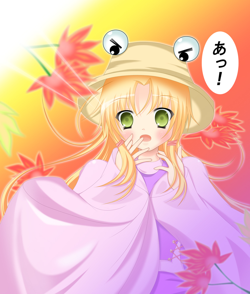 maria (artist), tengeiji, moriya suwako, touhou, 1girl, blonde hair, blush, female focus, flower, hat, ribbon, short hair, solo