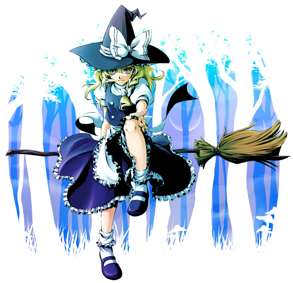 mikage (mikazuki no koufuku), mikage (pixiv), kirisame marisa, touhou, 1girl, blonde hair, broom, broom riding, female focus, flying, frills, hat, long hair, ribbon, solo