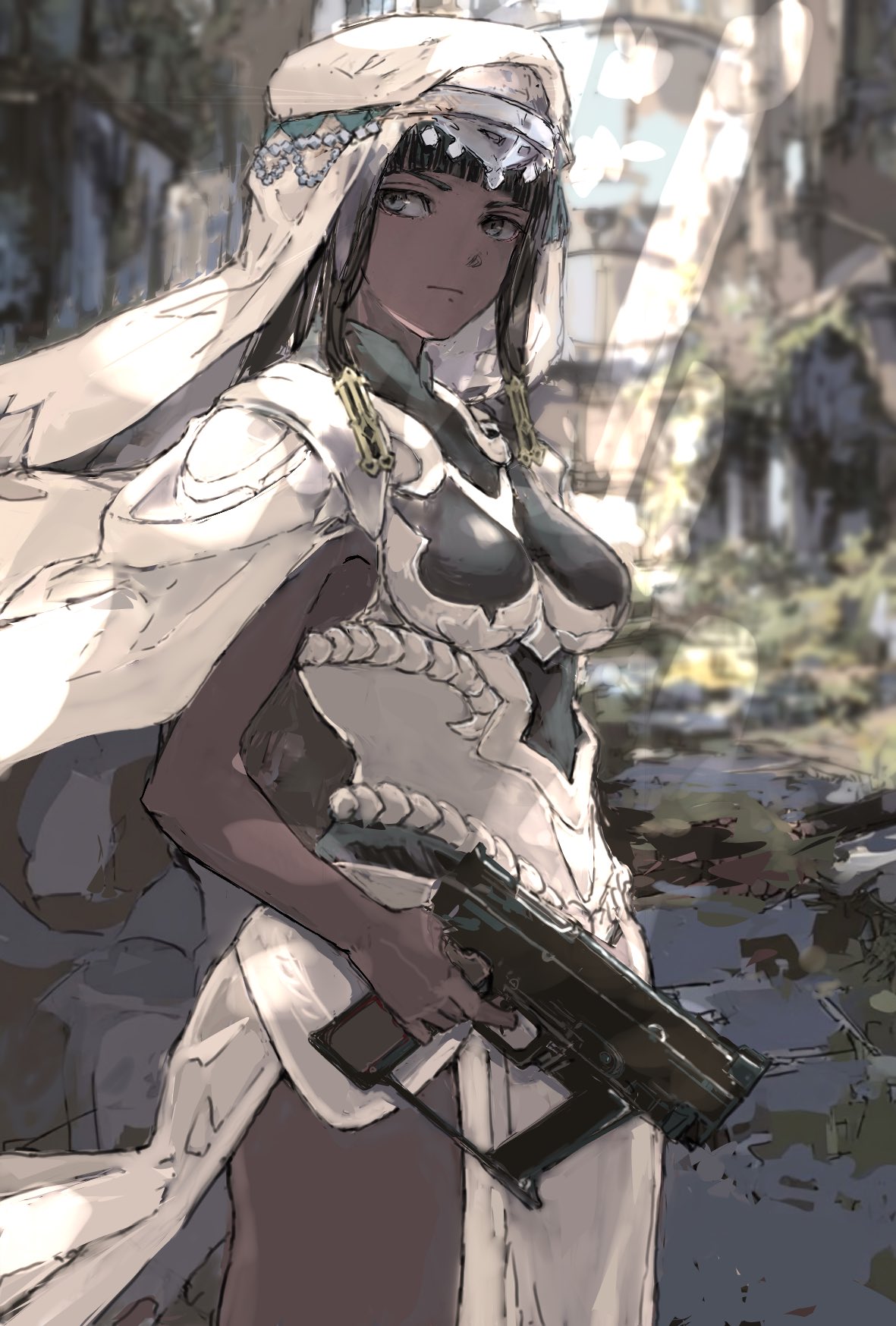 nutori manga, fire emblem, fire emblem: fortune's weave, nintendo, character request, highres, 1girl, armpits, black hair, breasts, closed mouth, dark-skinned female, dark skin, dress, grey eyes, gun, hair ornament, holding, holding gun, holding weapon, long hair, looking at viewer, medium breasts, solo, thighs, veil, weapon, white dress, white veil