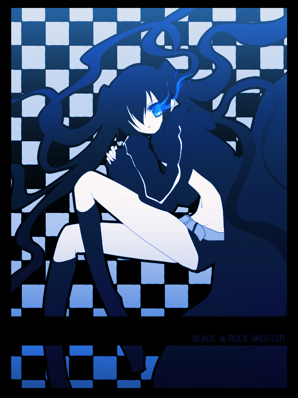 oota minoru, black rock shooter (character), hatsune miku, black rock shooter, vocaloid, bad id, bad pixiv id, 10s, 1girl, belt, bikini, bikini top only, black hair, blue eyes, blue theme, boots, coat, female focus, flat chest, front-tie top, glowing, glowing eyes, hair over one eye, hood, hooded jacket, jacket, knee boots, long hair, midriff, monochrome, navel, pale skin, ribbon, short shorts, shorts, solo, star (symbol), swimsuit, twintails, uneven twintails, very long hair