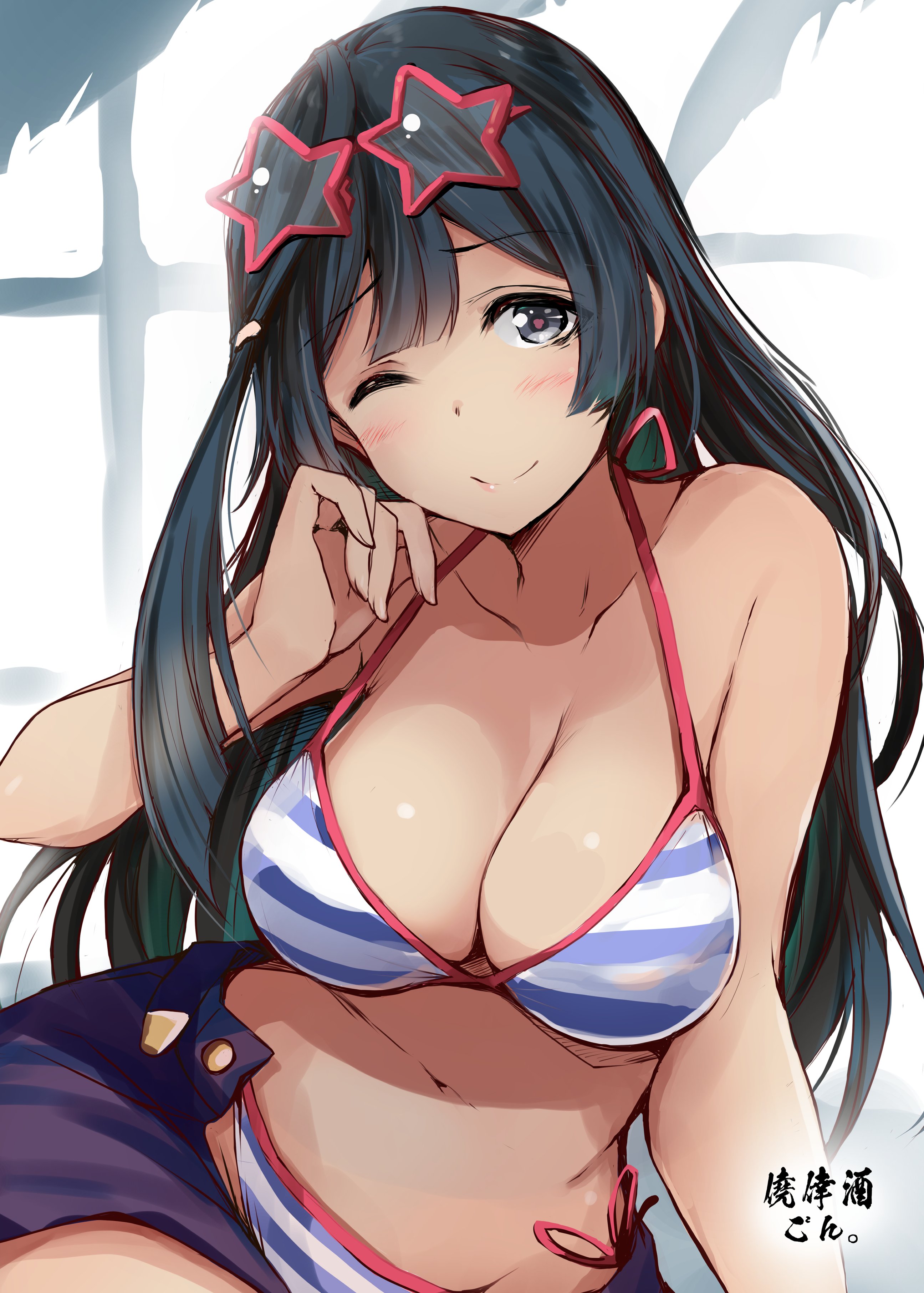 gengoroh, original, absurdres, commentary request, highres, 1girl, ;), arm support, bikini, black hair, blue bikini, blunt bangs, blush, breasts, cleavage, closed mouth, collarbone, eyewear on head, grey eyes, long hair, looking at viewer, medium breasts, navel, one eye closed, sidelocks, sitting, smile, solo, star-shaped eyewear, star (symbol), striped bikini, striped clothes, sunglasses, swimsuit
