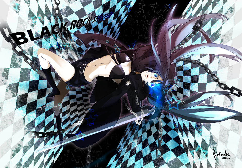 himuka roko, roko (artist), black rock shooter (character), hatsune miku, black rock shooter, vocaloid, bad id, bad pixiv id, 10s, 1girl, belt, bikini, bikini top only, black hair, blue eyes, boots, chain, coat, female focus, flat chest, front-tie top, gloves, glowing, glowing eye, glowing eyes, hood, hooded jacket, jacket, katana, knee boots, long hair, midriff, navel, pale skin, ribbon, shorts, solo, star (symbol), swimsuit, sword, twintails, uneven twintails, very long hair, weapon, zipper
