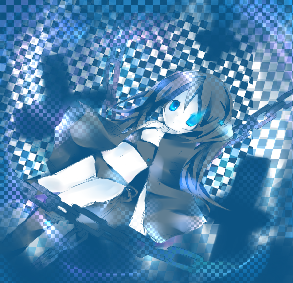 maimu (polka), black rock shooter (character), hatsune miku, black rock shooter, vocaloid, bad id, bad pixiv id, 10s, 1girl, bikini, black hair, blue eyes, blue theme, boots, chain, coat, cross, female focus, flat chest, glowing, glowing eyes, hood, hooded jacket, jacket, knee boots, long hair, looking up, navel, pale skin, ribbon, shorts, side-tie bikini bottom, solo, star (symbol), swimsuit, twintails, uneven twintails, very long hair