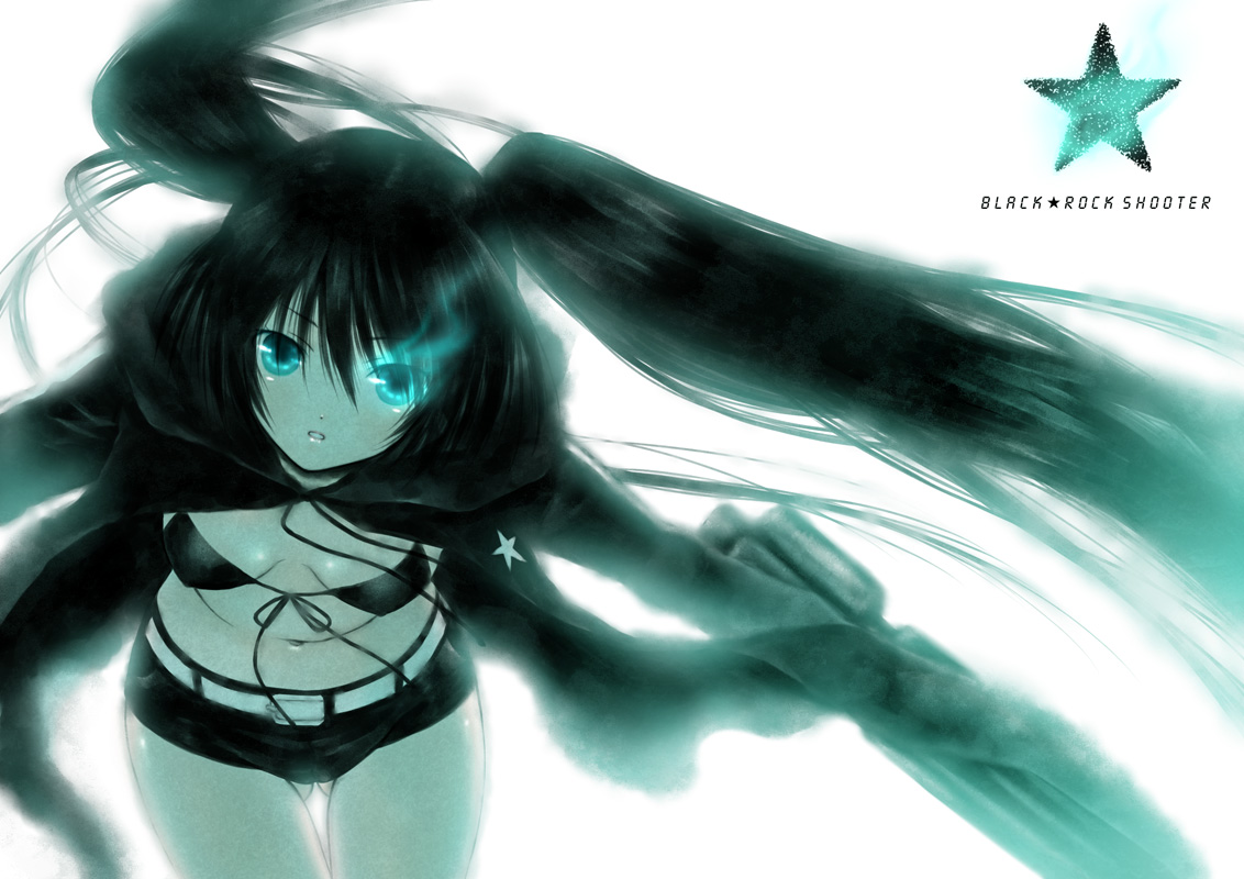 yuuno (yukioka), black rock shooter (character), black rock shooter, bad id, bad pixiv id, 10s, 1girl, arm cannon, belt, bikini, bikini top only, black hair, blue eyes, coat, female focus, flat chest, front-tie top, gloves, glowing, glowing eye, glowing eyes, gun, hood, hooded jacket, jacket, long hair, midriff, navel, pale skin, ribbon, short shorts, shorts, solo, star (symbol), swimsuit, twintails, uneven twintails, very long hair, weapon
