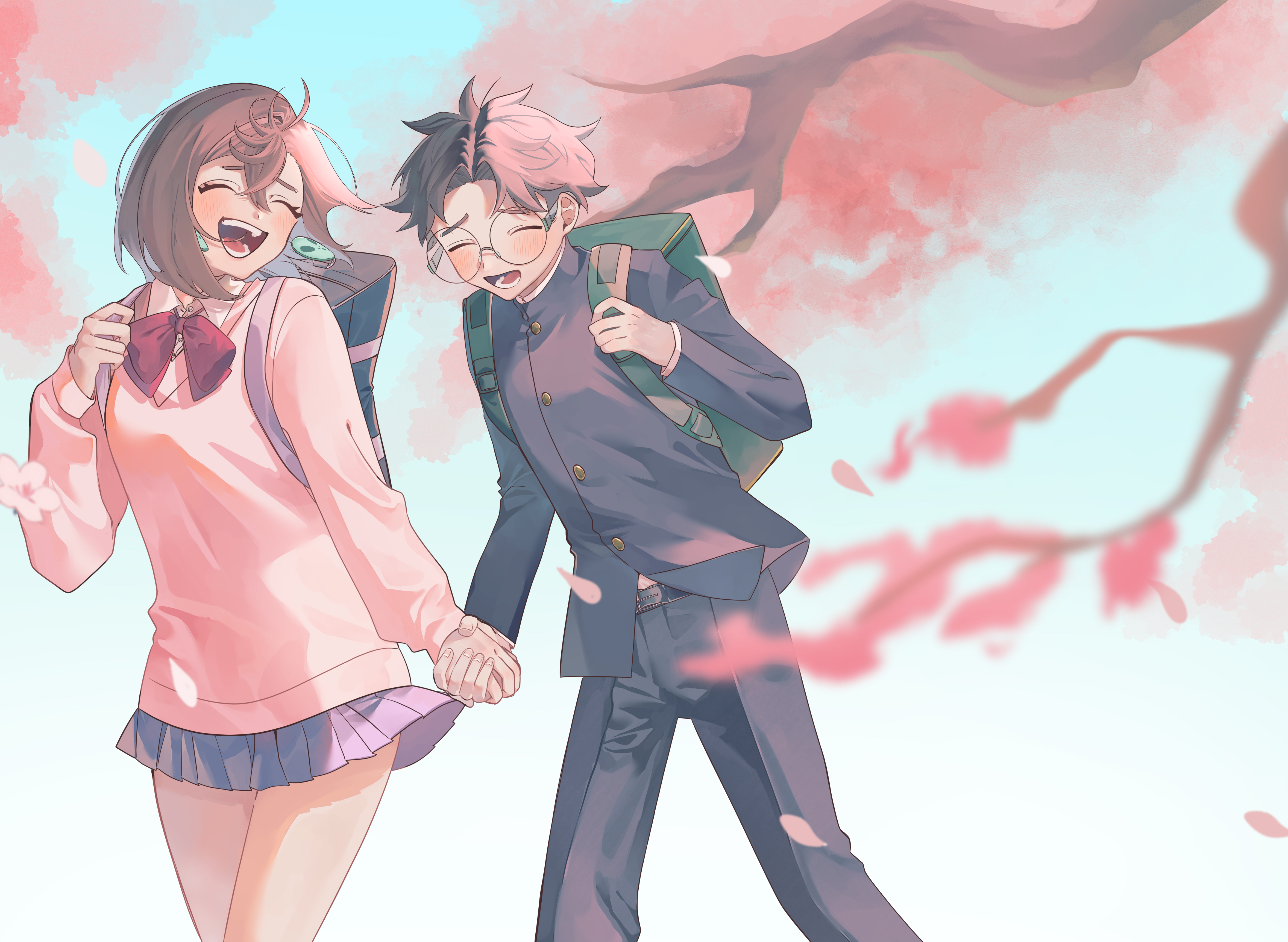 n nagi3, ayase momo, takakura ken (dandadan), dandadan, absurdres, commentary request, highres, 1boy, 1girl, backpack, bag, black hair, black jacket, black pants, blue skirt, blue sky, blush, bow, bowtie, brown hair, cherry blossoms, closed eyes, collared shirt, couple, crossed bangs, earrings, facing another, falling petals, feet out of frame, gakuran, glasses, hair between eyes, holding hands, holding strap, jacket, jewelry, kami high school uniform, long sleeves, miniskirt, open mouth, outdoors, pants, petals, pink petals, pink sweater, pleated skirt, red bow, red bowtie, round eyewear, school uniform, shirt, short hair, skirt, sky, smile, sweater, walking, white shirt