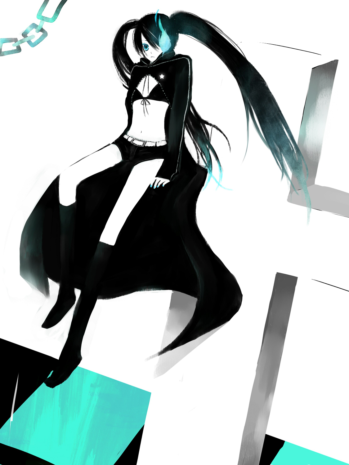 waka-kiyu, black rock shooter (character), hatsune miku, black rock shooter, vocaloid, bad id, bad pixiv id, highres, 10s, 1girl, belt, bikini, bikini top only, black bikini, black hair, blue eyes, blue nails, boots, chain, checkered floor, coat, cross, female focus, flat chest, front-tie top, glowing, glowing eye, glowing eyes, hair over one eye, hood, hooded jacket, jacket, knee boots, long hair, midriff, nail polish, navel, pale skin, ribbon, short shorts, shorts, sitting, solo, star (symbol), swimsuit, twintails, very long hair, zipper