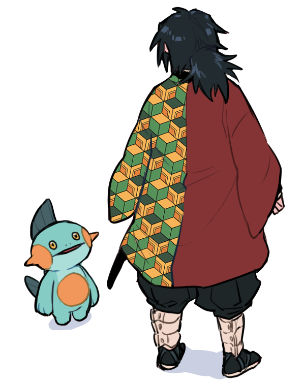 marshtomp, tomioka giyuu, kimetsu no yaiba, nintendo, pokemon, 1boy, black hair, black jacket, black pants, crossover, demon slayer uniform, from behind, full body, gen 3 pokemon, haori, high collar, jacket, japanese clothes, kikkoumon, looking at creature, low ponytail, male focus, pants, pokemon (creature), ponytail, print haori, simple background, spiked hair, standing, tdnnkz xiv, white background