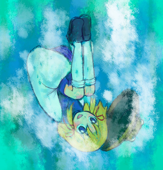 kakoi, moriya suwako, touhou, 1girl, blonde hair, female focus, full body, gradient background, hat, ribbon, short hair, solo, underwater