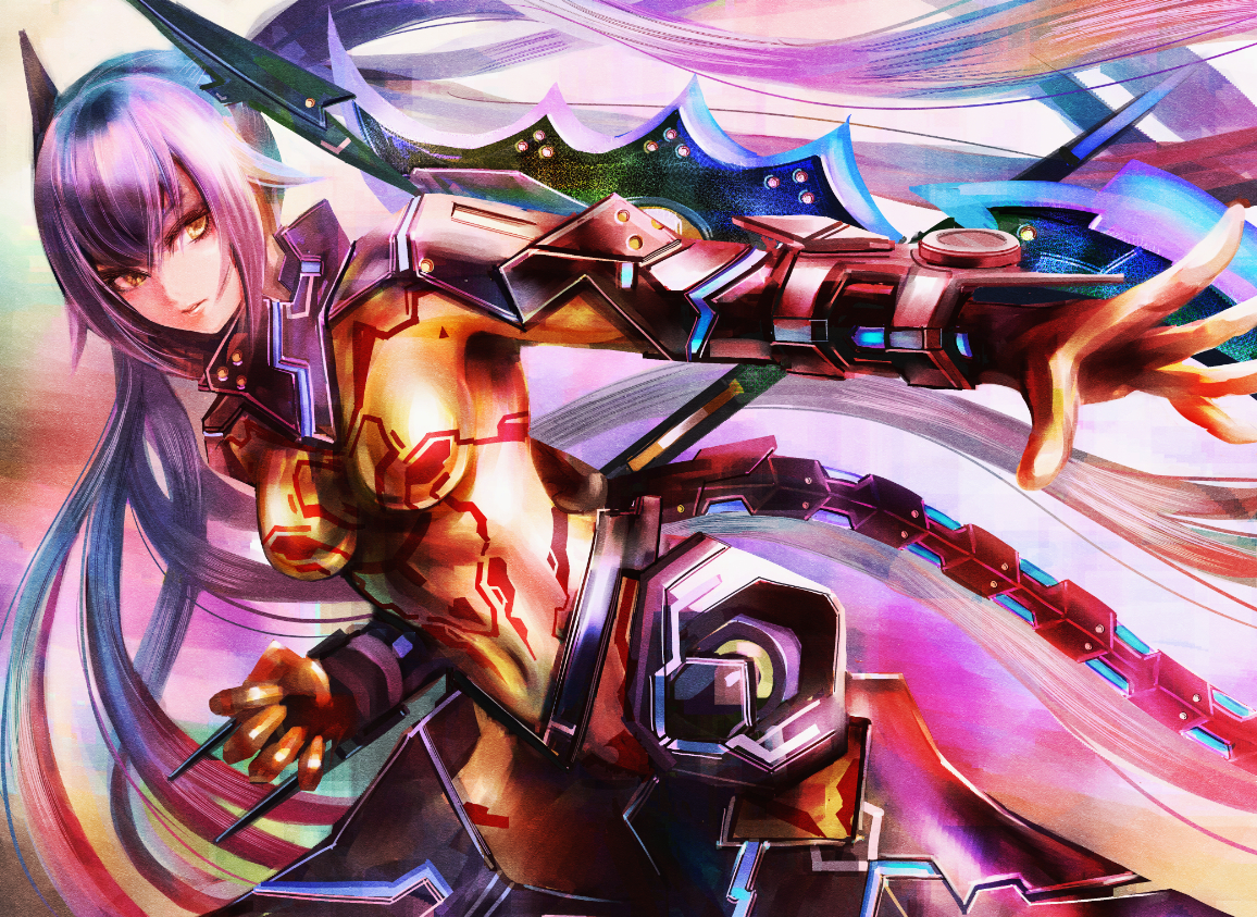 sushi (sashimise), quna (pso2), zelsius, phantasy star, phantasy star online 2, 1girl, arm armor, arm blade, armor, black armor, black trim, blue hair, blue trim, bodysuit, breasts, colorful background, covered navel, fake tail, floating hair, gradient hair, hair between eyes, headgear, high collar, hip armor, leg armor, long hair, mechanical tail, medium breasts, multicolored hair, neck armor, orange hair, outstretched arm, outstretched hand, segmented tail, sidelocks, skin tight, solo, tail, twintails, very long hair, weapon, yellow bodysuit, yellow eyes