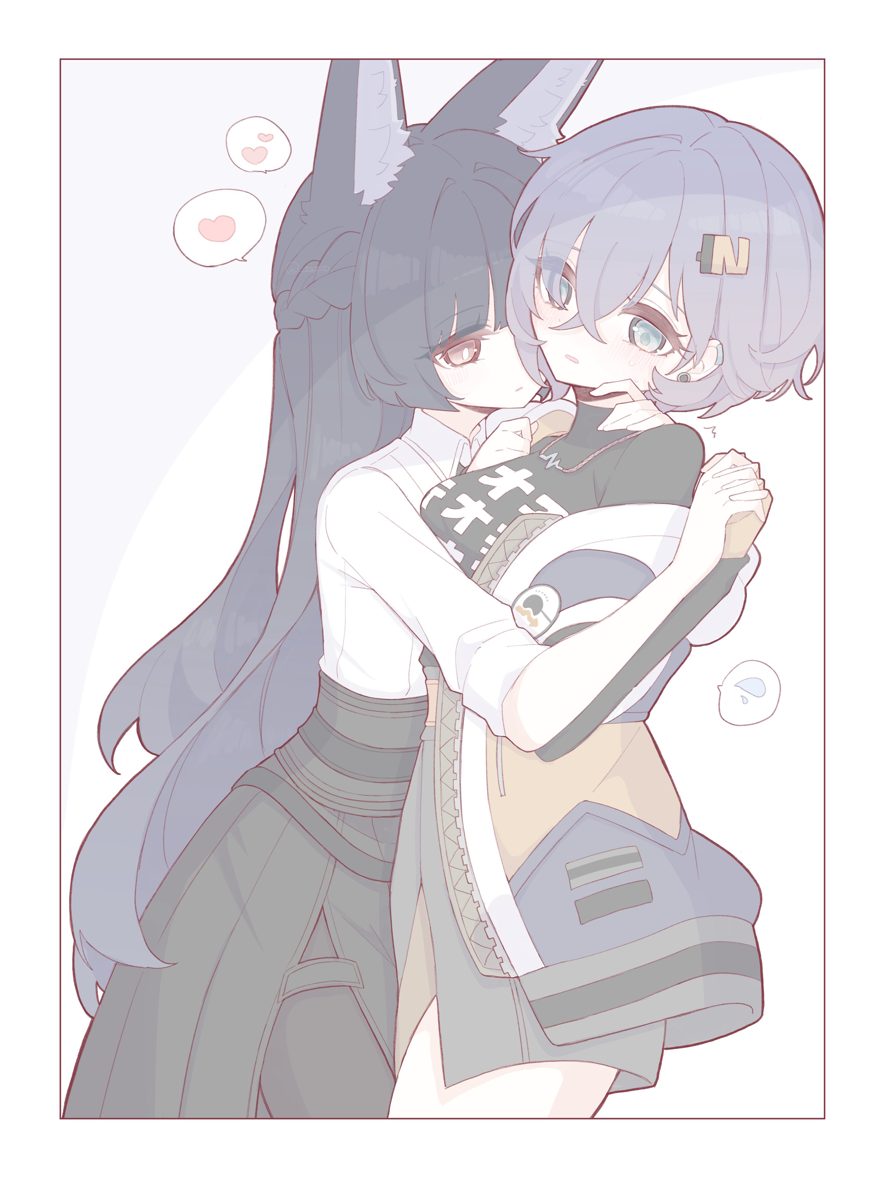 zzzii0, belle (zenless zone zero), hoshimi miyabi, zenless zone zero, absurdres, highres, 2girls, animal ear fluff, animal ears, belt, black hair, black necktie, black pantyhose, black shirt, black skirt, blue hair, blush, collared shirt, earrings, fox ears, fox girl, green eyes, hair ornament, heart, high-waist skirt, holding hands, hug, interlocked fingers, jacket, jewelry, letter hair ornament, long hair, looking at another, looking to the side, multiple girls, necktie, open mouth, pantyhose, red eyes, shirt, short hair, skirt, sleeves rolled up, spoken heart, spoken sweatdrop, sweat, sweatdrop, white background, white shirt, yuri