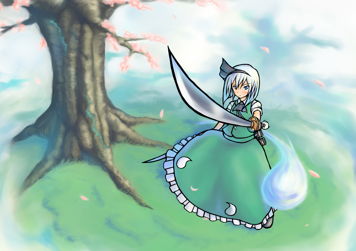 konpaku youmu, konpaku youmu (ghost), touhou, 1girl, bad anatomy, blue eyes, dual wielding, female focus, ghost, hairband, hitodama, holding, katana, petals, poorly drawn, school uniform, serafuku, short hair, solo, sword, tanto, tree, weapon, white hair