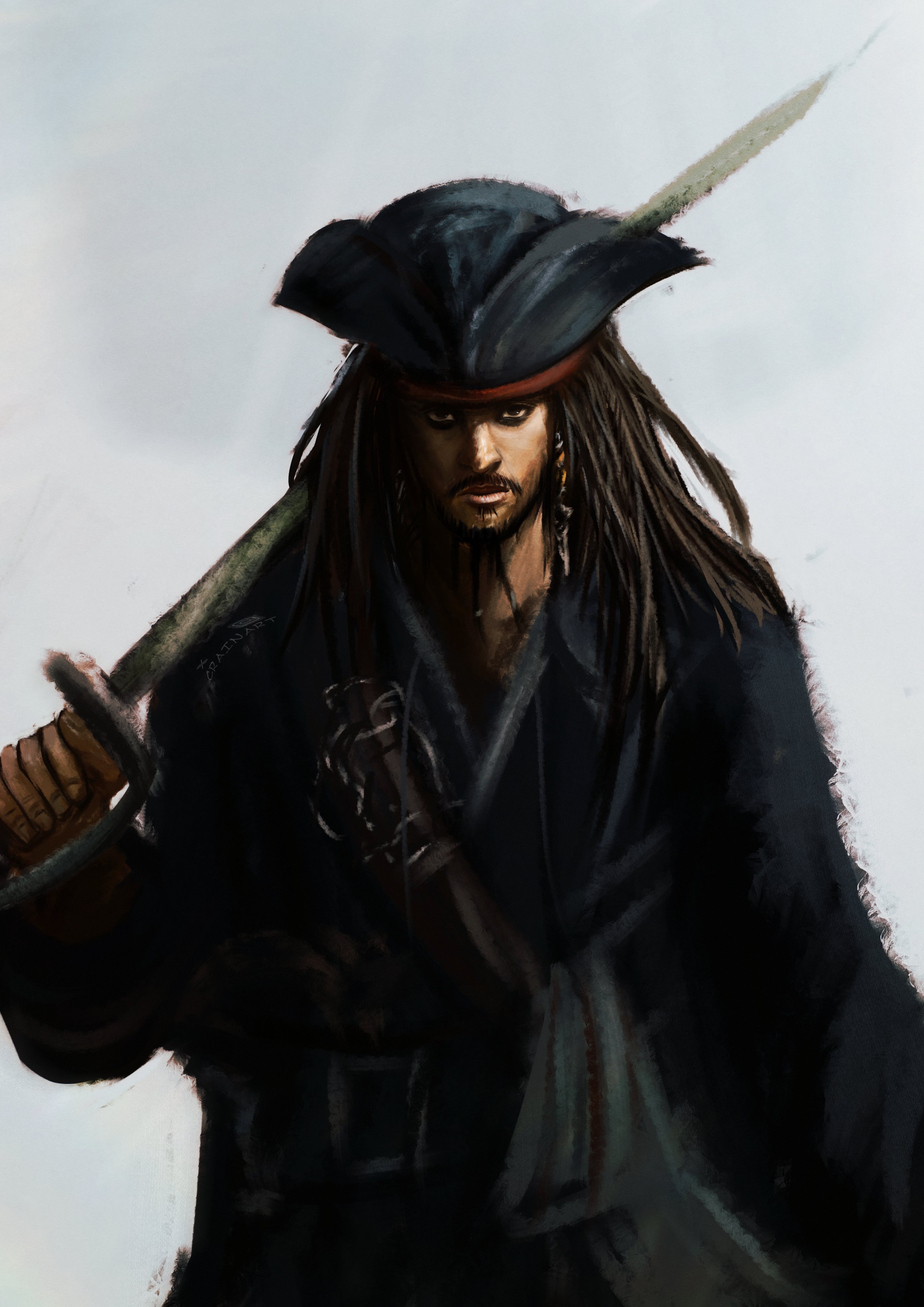 crain1art, jack sparrow, pirates of the caribbean, absurdres, highres, 1boy, beard, black robe, brown eyes, brown hair, clenched hand, dreadlocks, facial hair, hat, long hair, looking at viewer, male focus, over shoulder, painterly, pirate hat, robe, scimitar, serious, solo, sword, sword over shoulder, weapon, weapon over shoulder