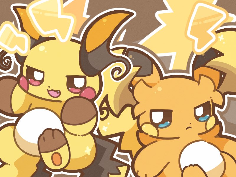 shitou (fuwatoga), mega raichu x, mega raichu y, raichu, nintendo, pokemon, blue eyes, closed mouth, fang, gen 1 pokemon, lightning bolt symbol, mega pokemon, multiple tails, no humans, open mouth, orange fur, pokemon (creature), pokemon focus, red eyes, smile, tail, yellow fur