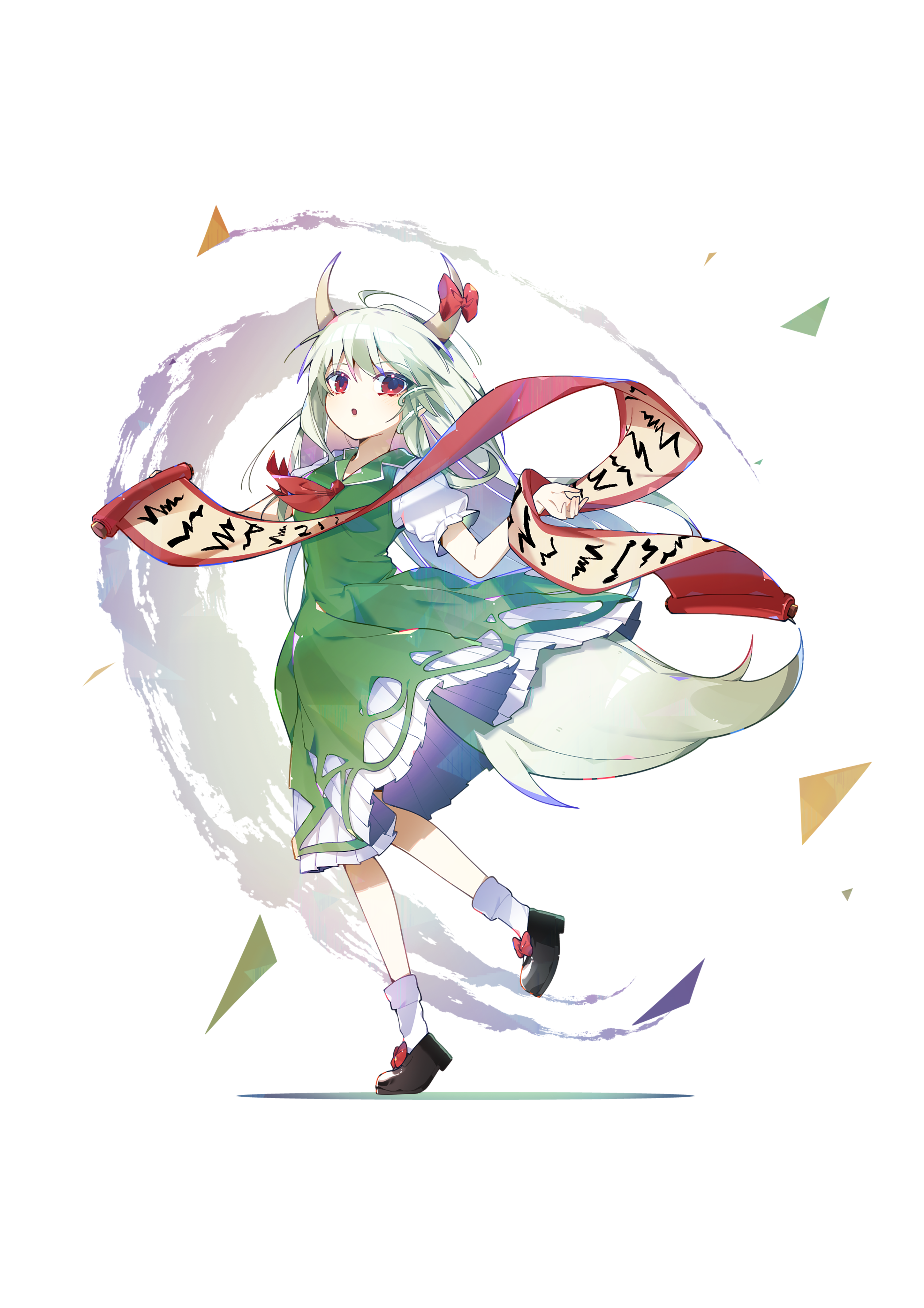 sia 6767, ex-keine, kamishirasawa keine, touhou, absurdres, commentary, commission, highres, pixiv commission, 1girl, black shoes, bow, dress, full body, green dress, green hair, horn bow, horn ornament, horns, looking at viewer, open mouth, puffy short sleeves, puffy sleeves, red bow, red eyes, scroll, shoes, short sleeves, socks, solo, tail, white socks