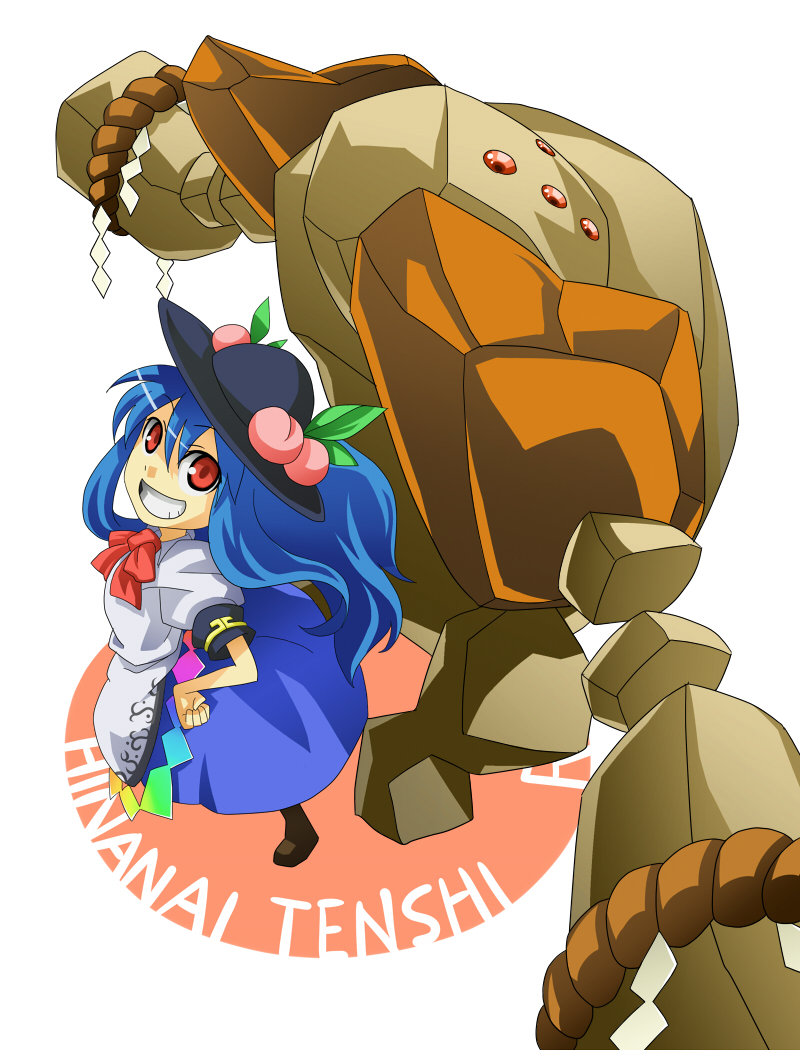 oosawa sora, squemezzo, hinanawi tenshi, regirock, nintendo, pokemon, touhou, 1girl, blue hair, character name, crossover, english text, food, fruit, gen 3 pokemon, hat, legendary pokemon, long hair, peach, pokemon (creature), red eyes, ribbon, rope, shide, shimenawa