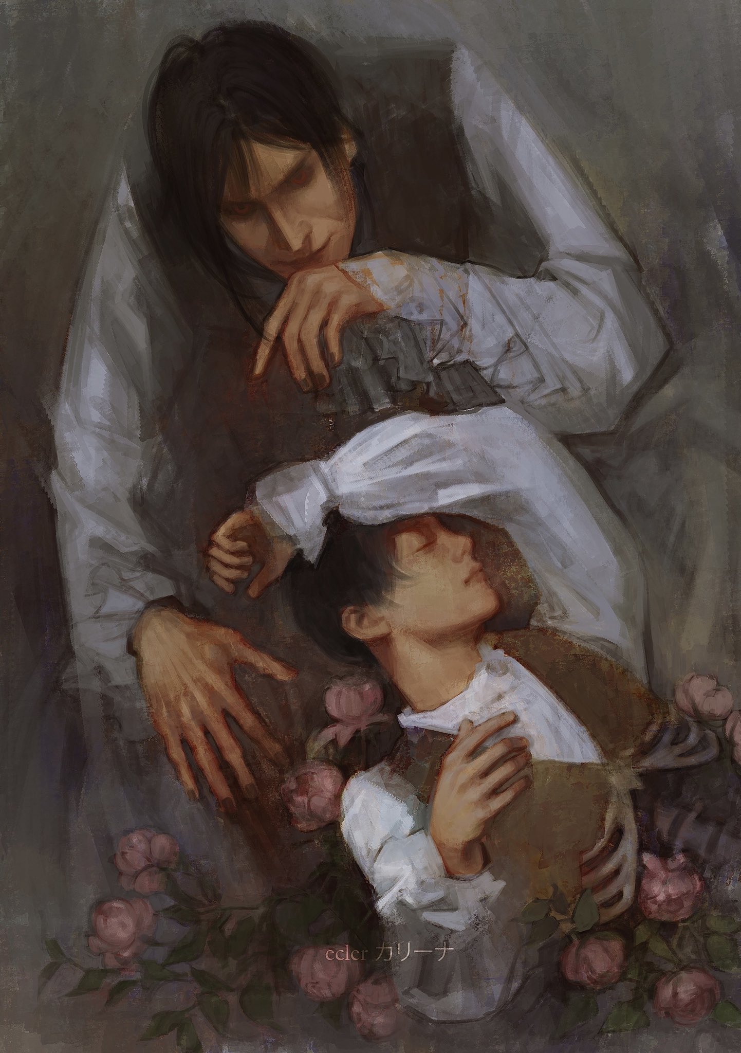 ecler ecler, ciel phantomhive, sebastian michaelis, kuroshitsuji, highres, 2boys, arm over head, black hair, black vest, blood, blood on face, brown vest, closed eyes, dying, exposed bone, flower, looking at viewer, male focus, multiple boys, painterly, red eyes, ribs, rose, rose bush, shirt, short hair, sidelocks, smirk, spine, spread fingers, symbolism, vest, white shirt