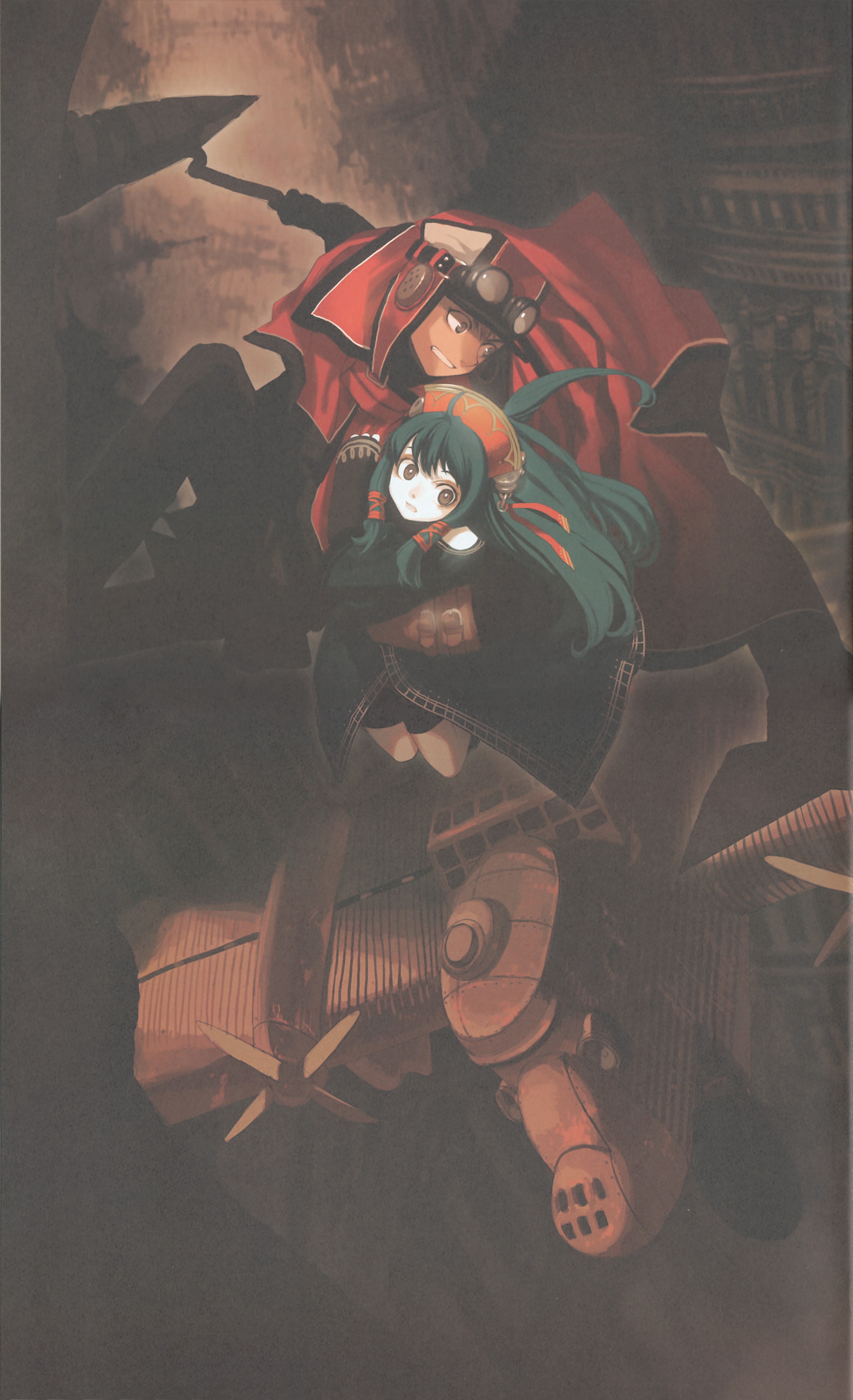 absurdres, highres, 1boy, 1girl, bike shorts, brown eyes, cape, carrying, clenched teeth, goggles, green hair, hat, long hair, scared, teeth