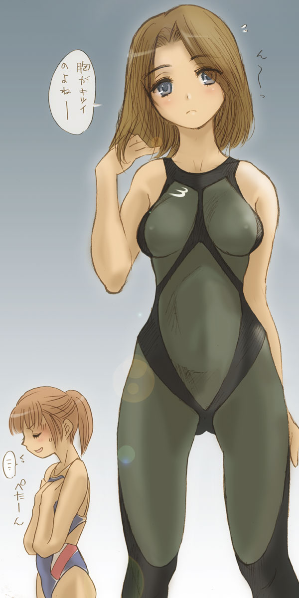 cloritin, final fantasy, final fantasy xi, original, speedo (company), highres, translated, 00s, 2girls, black one-piece swimsuit, blue eyes, blue one-piece swimsuit, blush, bodysuit, breast envy, breasts, brown hair, competition swimsuit, covered erect nipples, hume, medium breasts, multiple girls, one-piece swimsuit, ponytail, short hair, speedo lzr racer, swimsuit