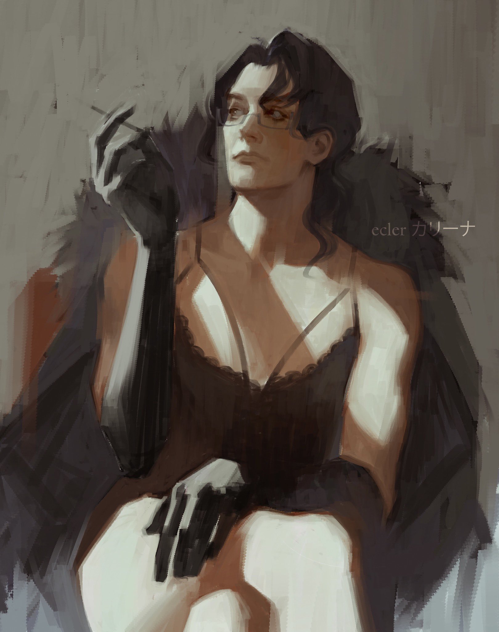 ecler ecler, pantalone (genshin impact), genshin impact, highres, 1boy, black dress, black gloves, black hair, bra strap, brown eyes, cigarette, coat, crossed arms, curtained hair, dress, fur coat, glasses, gloves, hand on lap, holding, holding cigarette, light particles, male focus, painterly, revealing clothes, solo