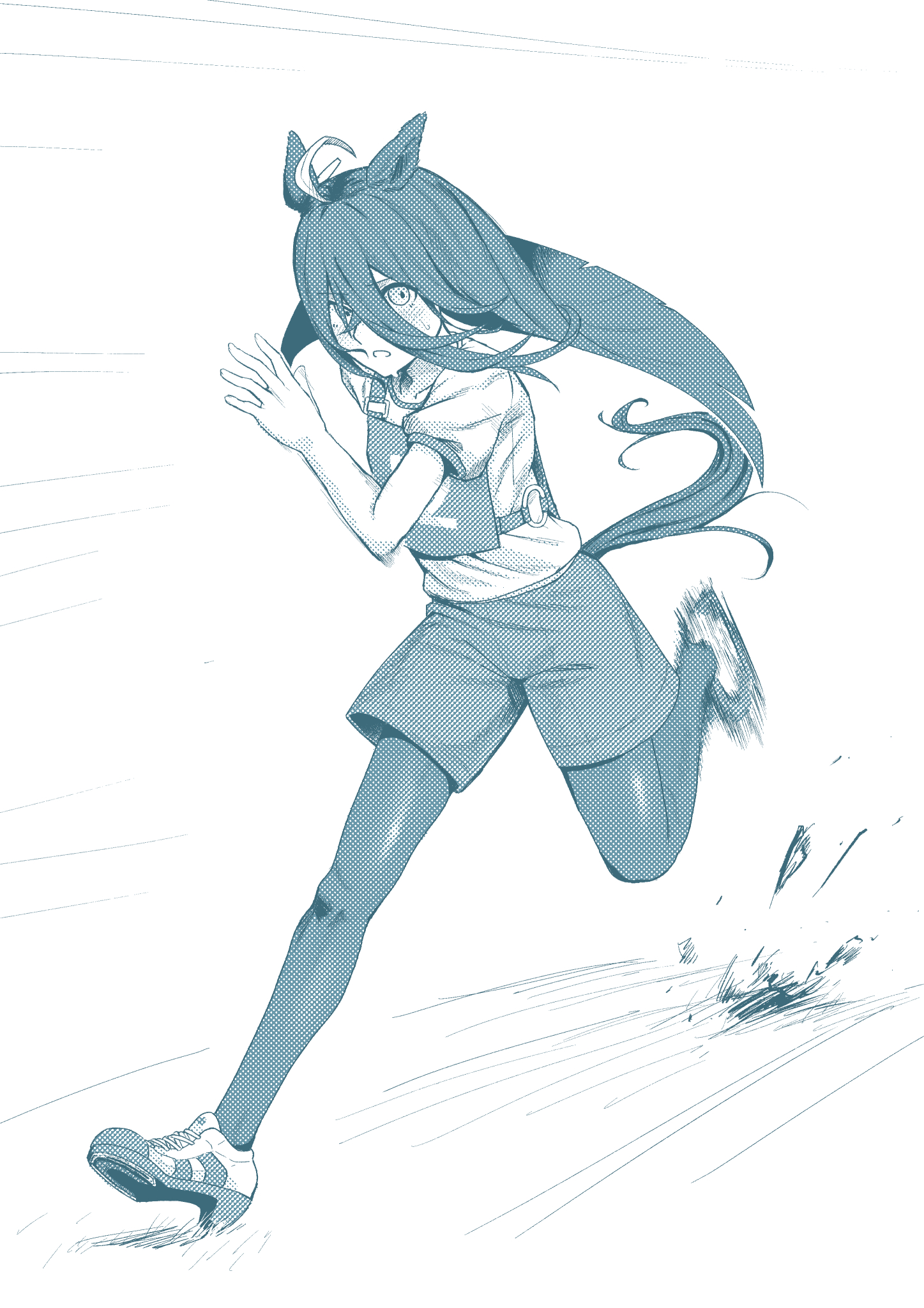 a4 (a4 eishi), manhattan cafe (umamusume), umamusume, highres, 1girl, ahoge, animal ears, floating hair, full body, hair between eyes, high heels, horse ears, horse girl, horse tail, long hair, looking at viewer, monochrome, motion blur, multicolored hair, open mouth, pantyhose, race bib, running, shirt, shoes, short sleeves, shorts, sneakers, solo, streaked hair, sweat, tail