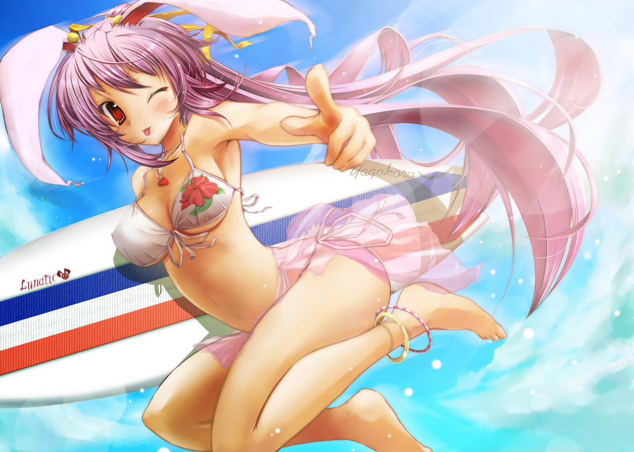 scarlet (studioscr), reisen udongein inaba, touhou, bad id, bad pixiv id, 1girl, :p, ;p, animal ears, anklet, artistic error, asymmetrical breasts, bad anatomy, bad feet, barefoot, bikini, breasts, cloud, day, feet, female focus, jewelry, jumping, large breasts, long hair, one eye closed, pink hair, poorly drawn, purple hair, rabbit ears, red eyes, sarong, see-through clothes, see-through sarong, side-tie bikini bottom, sky, solo, surfboard, swimsuit, tongue, tongue out, very long hair, wink