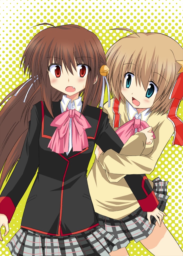 akane souichi, kamikita komari, natsume rin, little busters!, duplicate, 2girls, :o, blazer, blonde hair, bow, bowtie, brown hair, dragging, green eyes, grey skirt, jacket, long hair, long sleeves, multiple girls, open mouth, pink bow, pink bowtie, plaid clothes, plaid skirt, pleated skirt, red eyes, short hair, skirt, surprised, very long hair