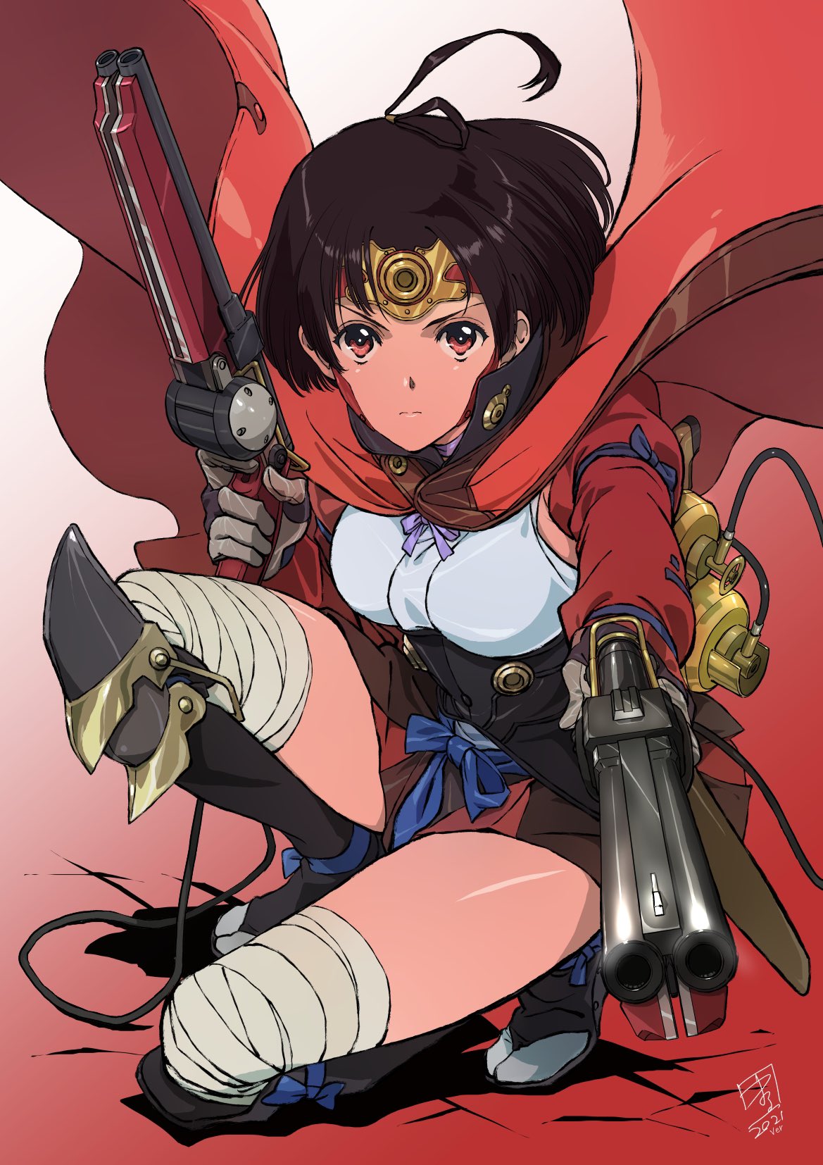 marufuji hirotaka, mumei (kabaneri), koutetsujou no kabaneri, commentary, highres, 1girl, armor, bandaged leg, bandages, black corset, black hair, blue bow, bow, breasts, brown skirt, cable, cape, closed mouth, corset, dated, dual wielding, full body, gloves, gradient background, grey gloves, gun, headpiece, holding, holding gun, holding weapon, japanese clothes, looking at viewer, medium breasts, red background, red cape, red eyes, red shrug, shirt, short hair, shrug (clothing), signature, skirt, sleeveless, sleeveless shirt, socks, solo, squatting, tabi, thighs, weapon, white shirt, white socks
