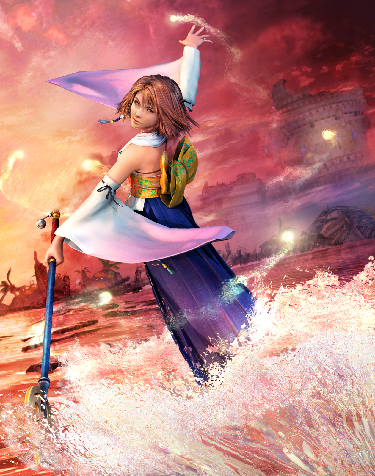 yuna, yuna (ff10), final fantasy, final fantasy x, highres, official art, 00s, 1girl, back, bare shoulders, brown hair, detached sleeves, female focus, hakama, hakama skirt, japanese clothes, looking back, skirt, solo, staff, water