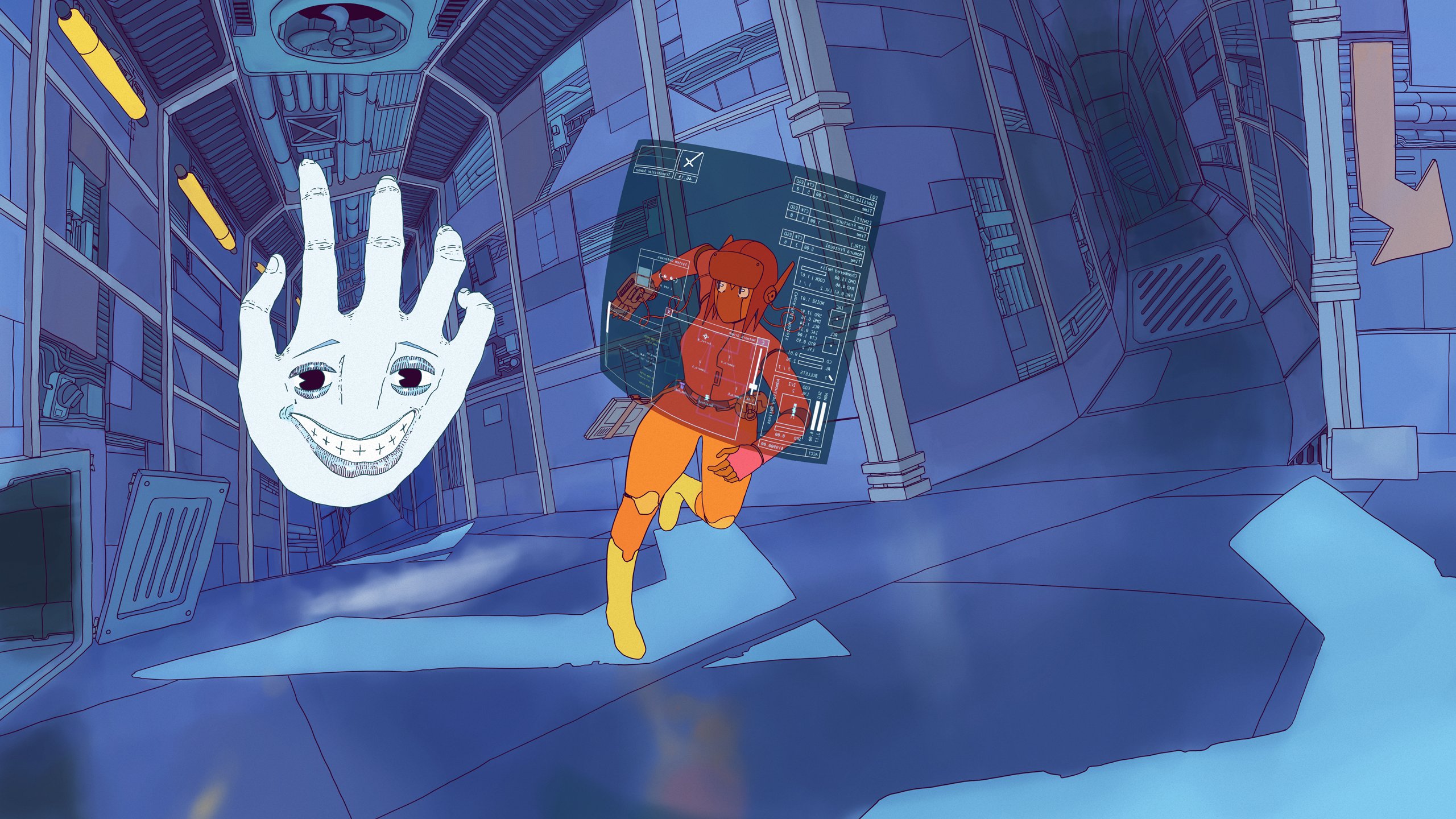 ksteakay, character request, commentary, commission, highres, 1girl, 1other, android, blue theme, cable, color contrast, cyberpunk, deadeye deepfake simulacrum, disembodied hand, english text, evil grin, evil smile, fleeing, full body, grate, grin, guest art, heads-up display, helmet, holographic interface, indoors, industrial pipe, ligne claire, looking back, mirrored text, radio antenna, running, science fiction, sideways glance, smile, user interface, vent (object), wide shot