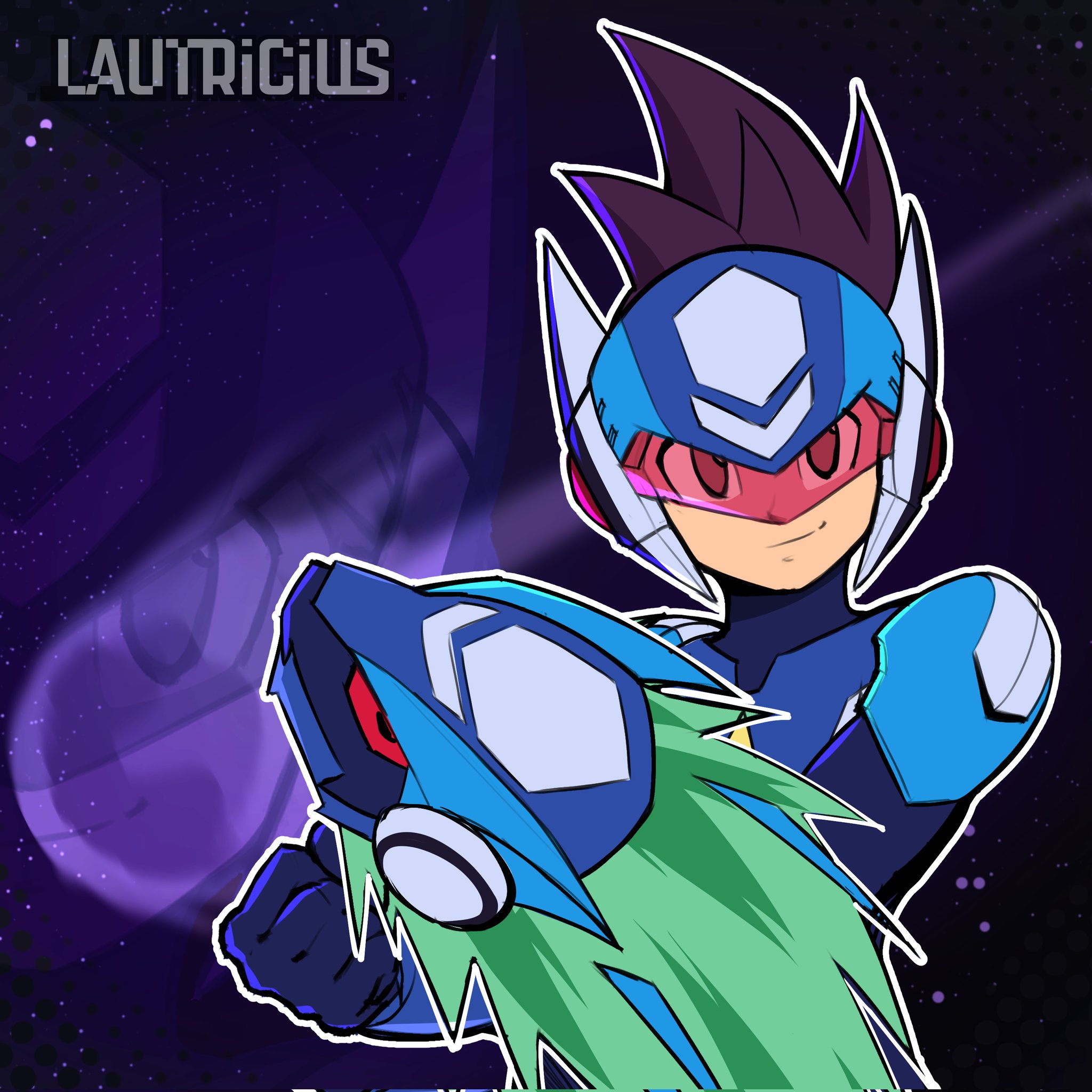 lautricius, geo stelar (mega man), omega-xis (mega man), mega man (series), mega man star force (series), commentary, corrupted twitter file, english commentary, highres, 1boy, arm cannon, artist name, assault visor, blue bodysuit, blue helmet, bodysuit, clenched hand, closed mouth, helmet, looking at viewer, male focus, smile, spiked hair, star force mega man, upper body, weapon