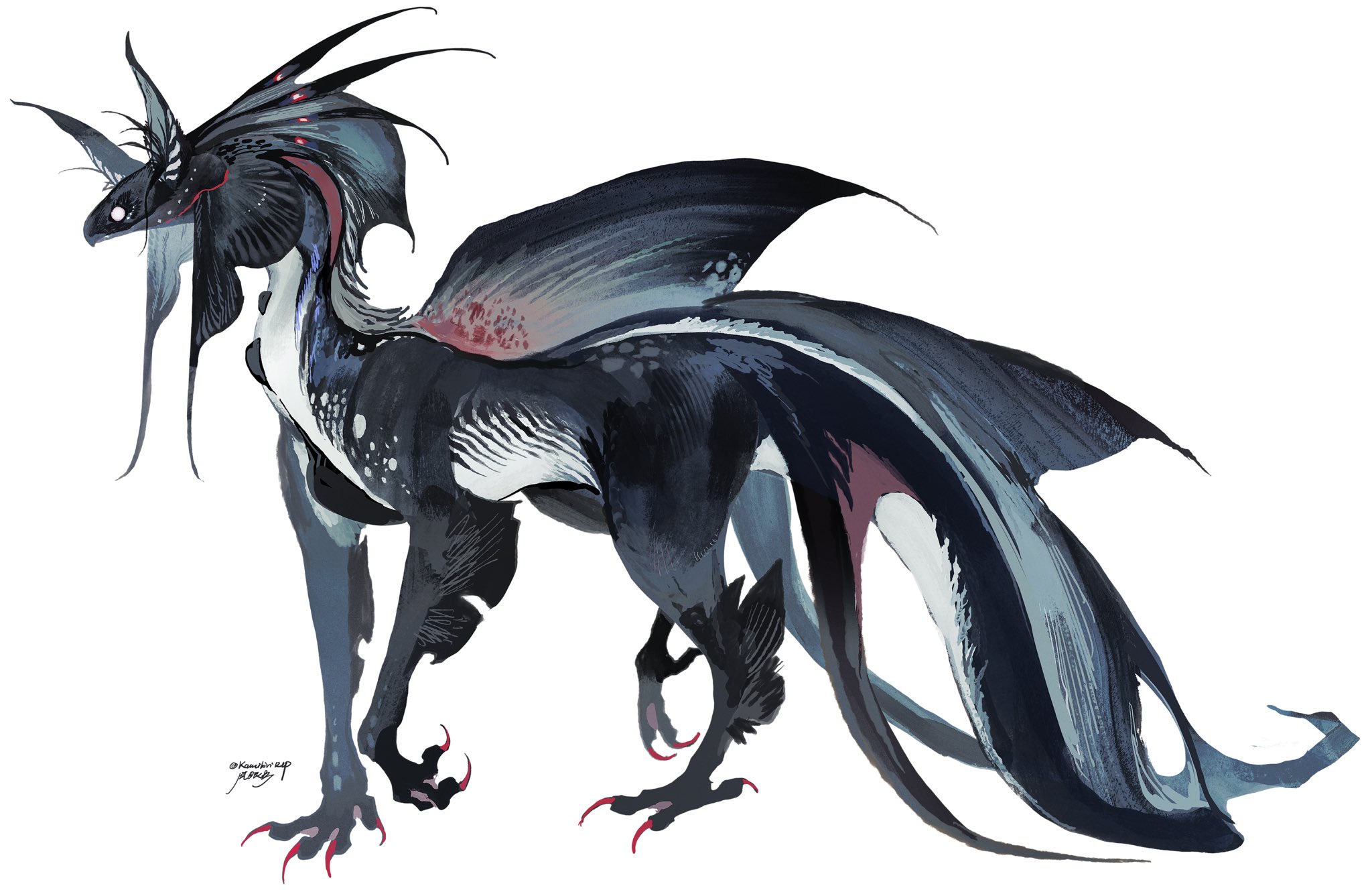 kamikiririp, original, highres, animal ears, claws, creature, dragon, fins, full body, red claws, signature, simple background, solo, tail, white background