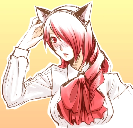 hirose wataru, komine minamo, kirijou mitsuru, atlus, persona, persona 3, lowres, 1girl, animal ears, blush, cat ears, female focus, hair over one eye, red hair, ribbon, solo