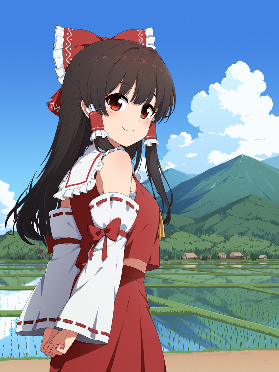 necono (nekonosora1207), hakurei reimu, touhou, commentary, highres, 1girl, arms behind back, ascot, blue sky, bow, brown hair, closed mouth, cloud, day, detached sleeves, frilled bow, frilled hair tubes, frills, hair bow, hair tubes, house, long hair, looking at viewer, mountain, outdoors, red bow, red eyes, red skirt, reflection, reflective water, ribbon-trimmed sleeves, ribbon trim, rice paddy, skirt, skirt set, sky, smile, solo, water, yellow ascot