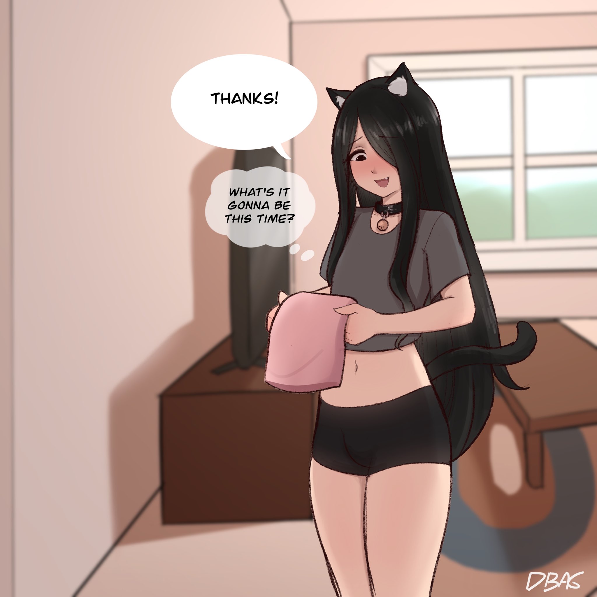 dbag (dbagdraws), nikko (dbag), original, highres, 1boy, animal ear fluff, animal ears, bell, black choker, black eyes, black hair, black shorts, cat boy, cat ears, cat tail, choker, cowboy shot, cropped shirt, english text, fang, grey shirt, hair over one eye, holding, holding shirt, holding unworn clothes, indoors, long hair, male focus, midriff, navel, neck bell, one eye covered, open mouth, parted bangs, shirt, short shorts, short sleeves, shorts, smile, solo, speech bubble, tail, talking, thought bubble, trap, unworn shirt, window