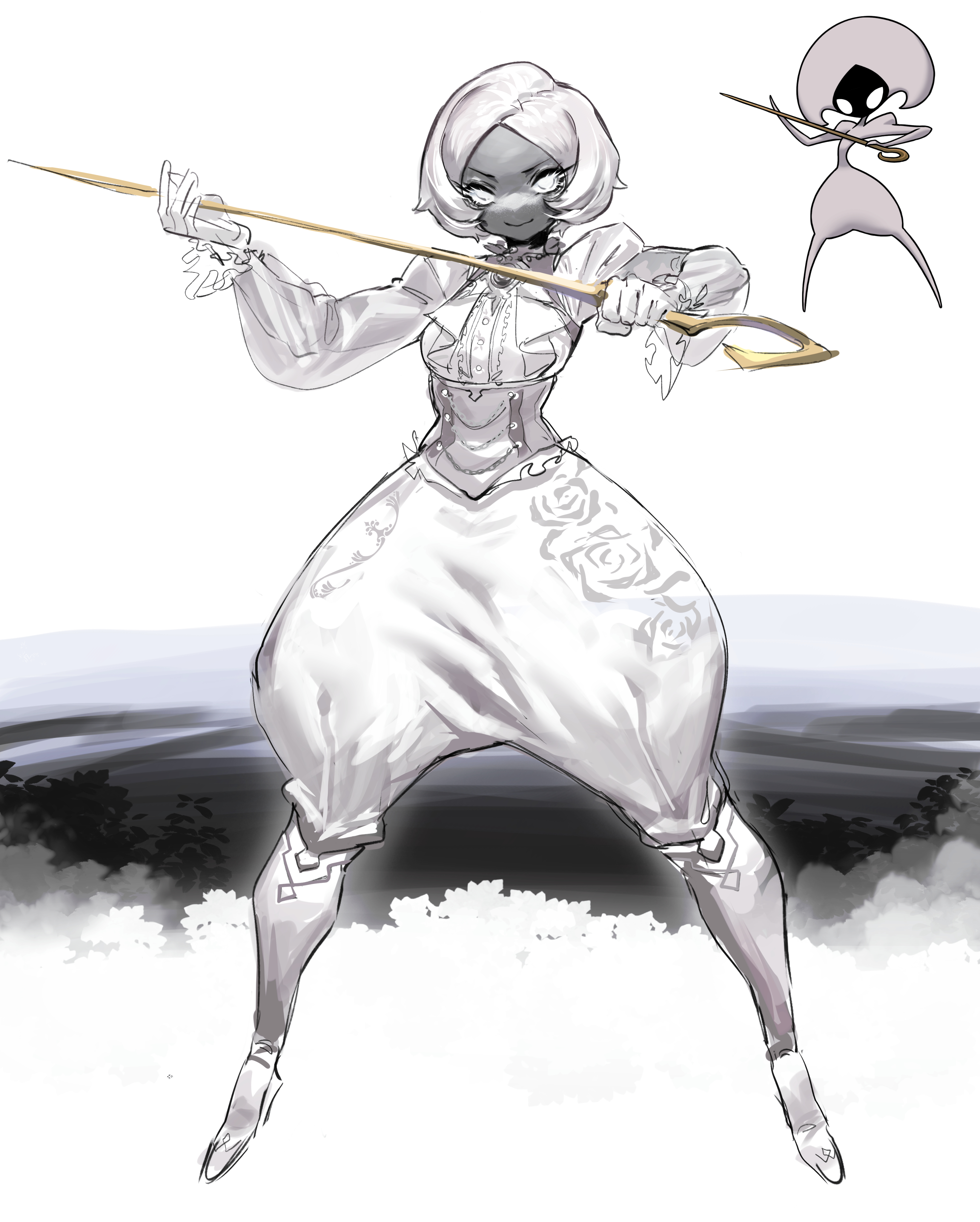 reallycute456, lace (hollow knight), hollow knight, hollow knight: silksong, absurdres, highres, 1girl, bell-bottoms, bob cut, boots, corset, dark skin, frilled sleeves, frills, full body, gloves, holding, holding sword, holding weapon, humanization, looking at viewer, pants, parted bangs, shirt, short hair, simple background, smile, solo, standing, sword, weapon, white boots, white eyes, white gloves, white hair, white shirt