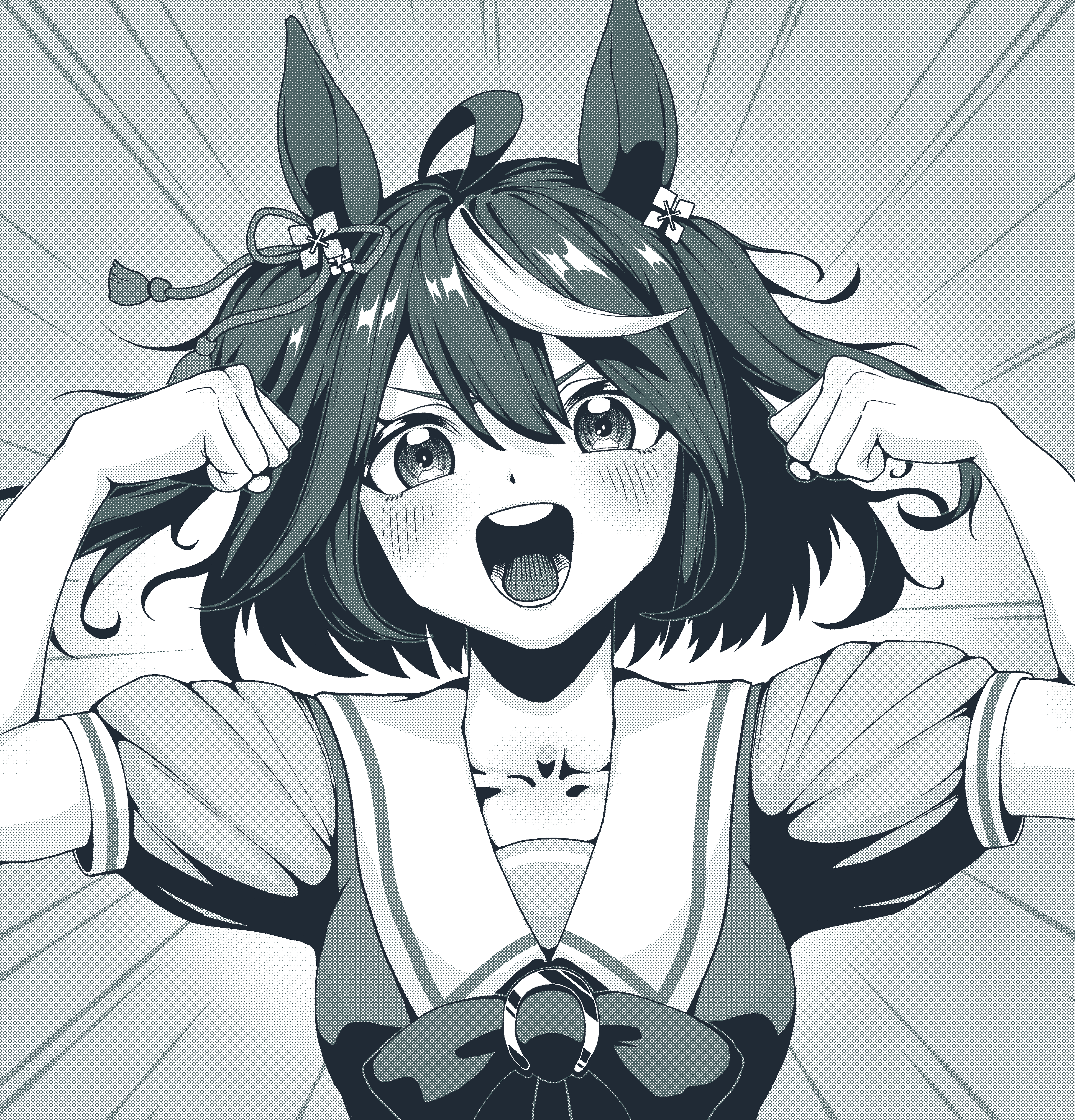 a4 (a4 eishi), kitasan black (umamusume), umamusume, absurdres, highres, 1girl, ahoge, animal ears, bow, bowtie, breasts, collarbone, double biceps pose, ear ribbon, emphasis lines, flexing, furrowed brow, greyscale, horse ears, horse girl, looking at viewer, medium breasts, monochrome, multicolored hair, open mouth, puffy short sleeves, puffy sleeves, school uniform, short hair, short sleeves, solo, tracen school uniform