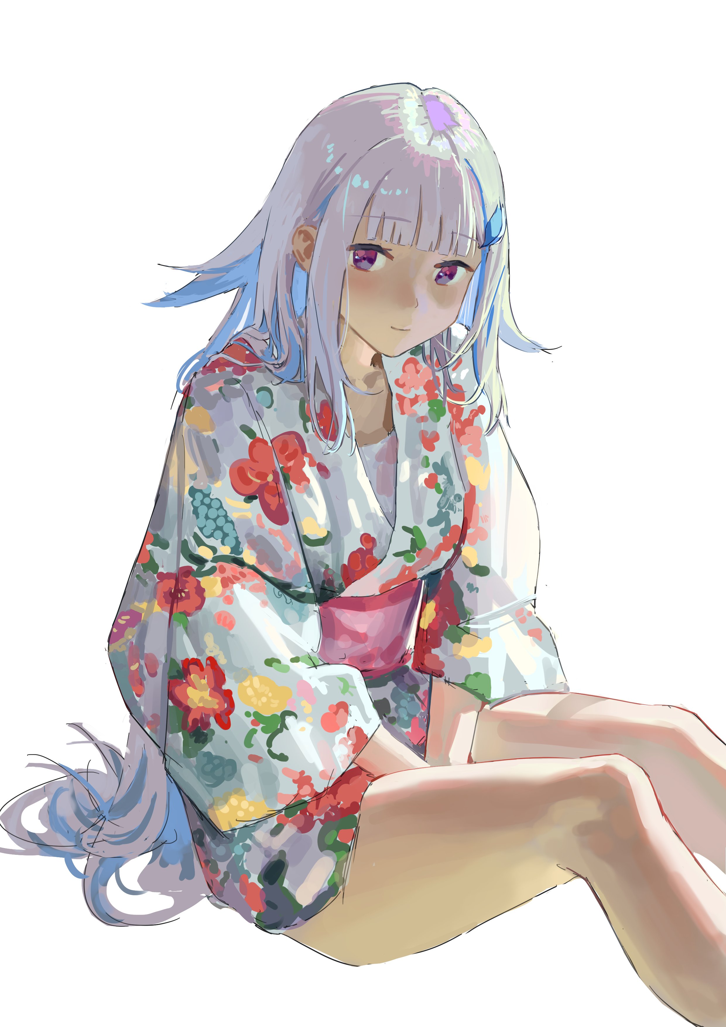 leo liao323, lize helesta, nijisanji, absurdres, highres, 1girl, blue hair, blunt bangs, colored inner hair, cowboy shot, floral print, hair ornament, japanese clothes, kimono, leg between thighs, light blush, long hair, long sleeves, looking at viewer, multicolored hair, obi, print kimono, purple eyes, sash, sitting, solo, thighs, two-tone hair, virtual youtuber, white background, white hair, yukata
