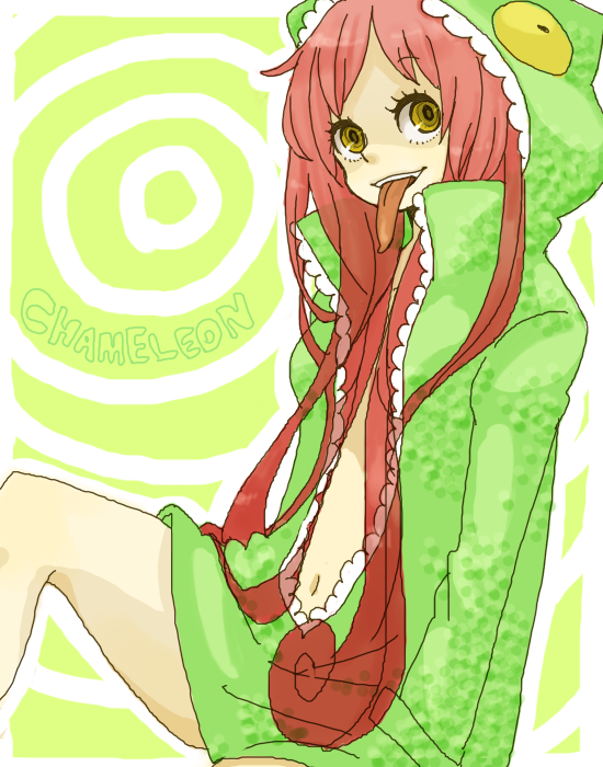 yukke, 1girl, animal costume, chameleon, eyelashes, female focus, long hair, long tongue, red hair, solo, species name, tongue, tongue out, yellow eyes