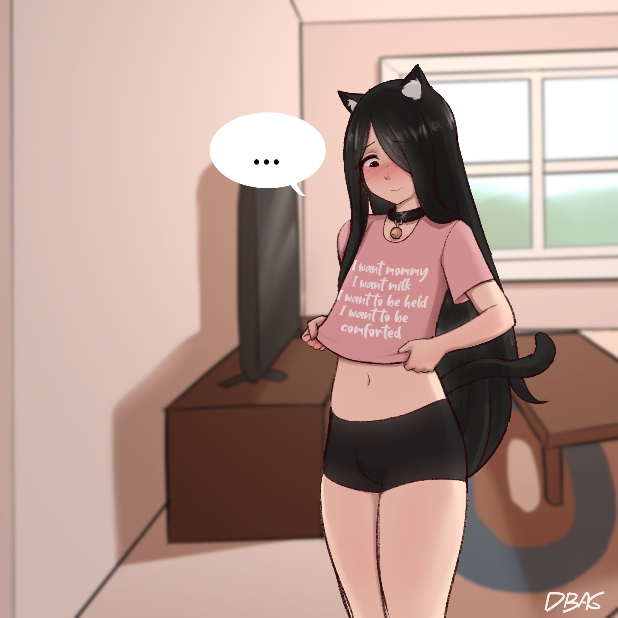 dbag (dbagdraws), nikko (dbag), original, highres, …, 1boy, animal ear fluff, animal ears, bell, black choker, black eyes, black hair, black shorts, blurry, blurry background, blush, cat boy, cat ears, cat tail, choker, closed mouth, clothes writing, cowboy shot, cropped shirt, fang, hair over one eye, indoors, long hair, looking down, male focus, midriff, navel, neck bell, one eye covered, parted bangs, short shorts, short sleeves, shorts, smile, solo, speech bubble, spoken ellipsis, tail, thought bubble, trap, window