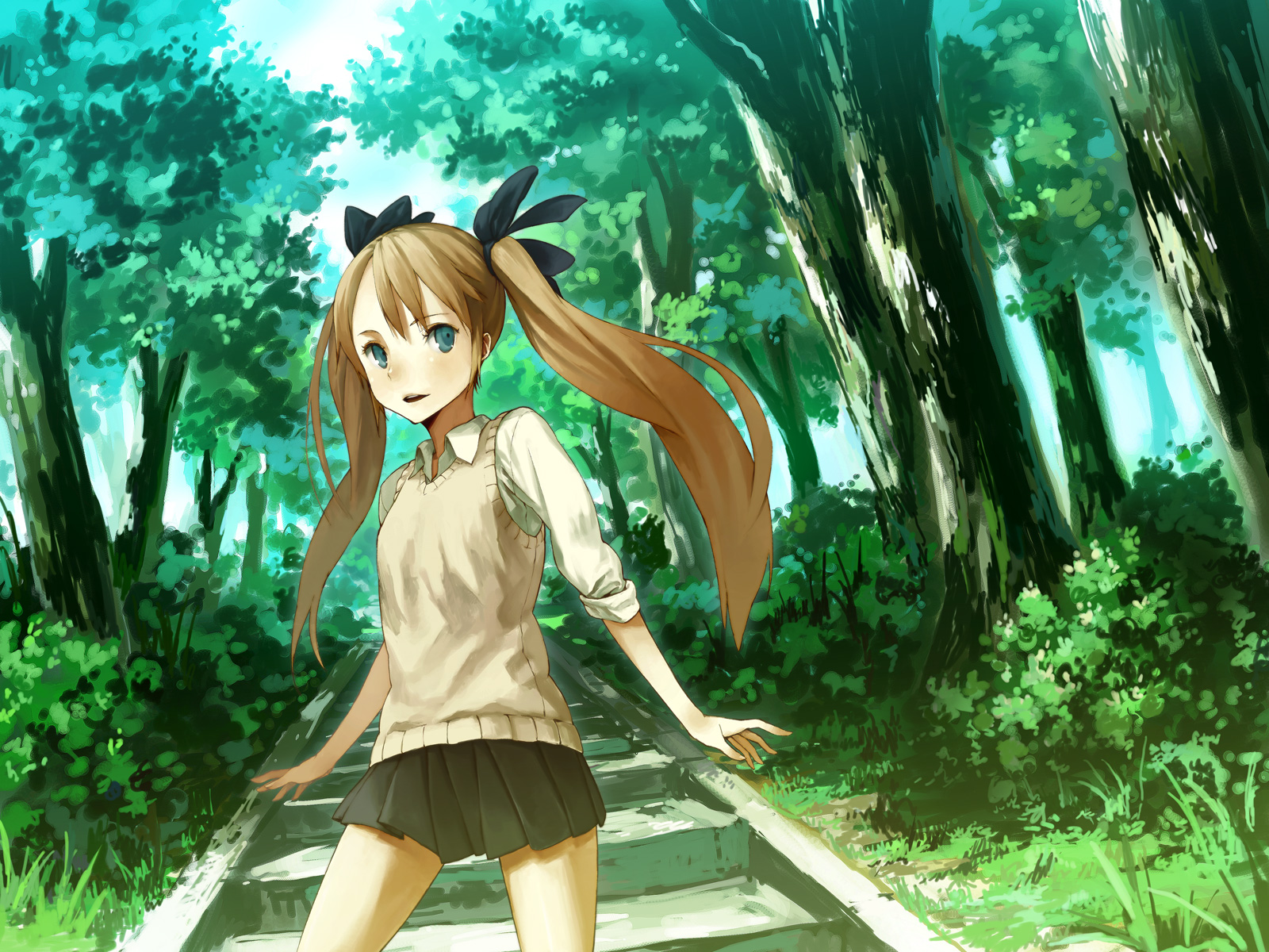 houru, original, highres, blue eyes, brown hair, flat chest, forest, hair ribbon, long hair, nature, ribbon, skirt, sleeves rolled up, solo, sweater, twintails