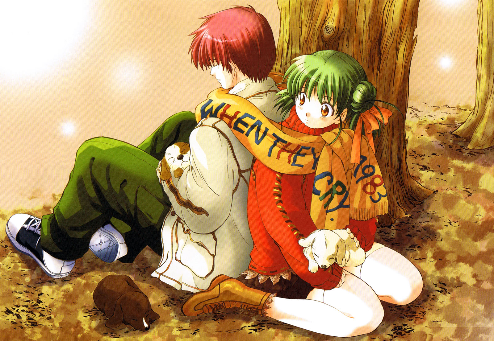 kitou en, kimiyoshi natsumi, toudou akira, higurashi no naku koro ni, highres, 00s, 1boy, 1girl, autumn, autumn leaves, dog, donut hair bun, green hair, hair bun, kito en, leaf, tree
