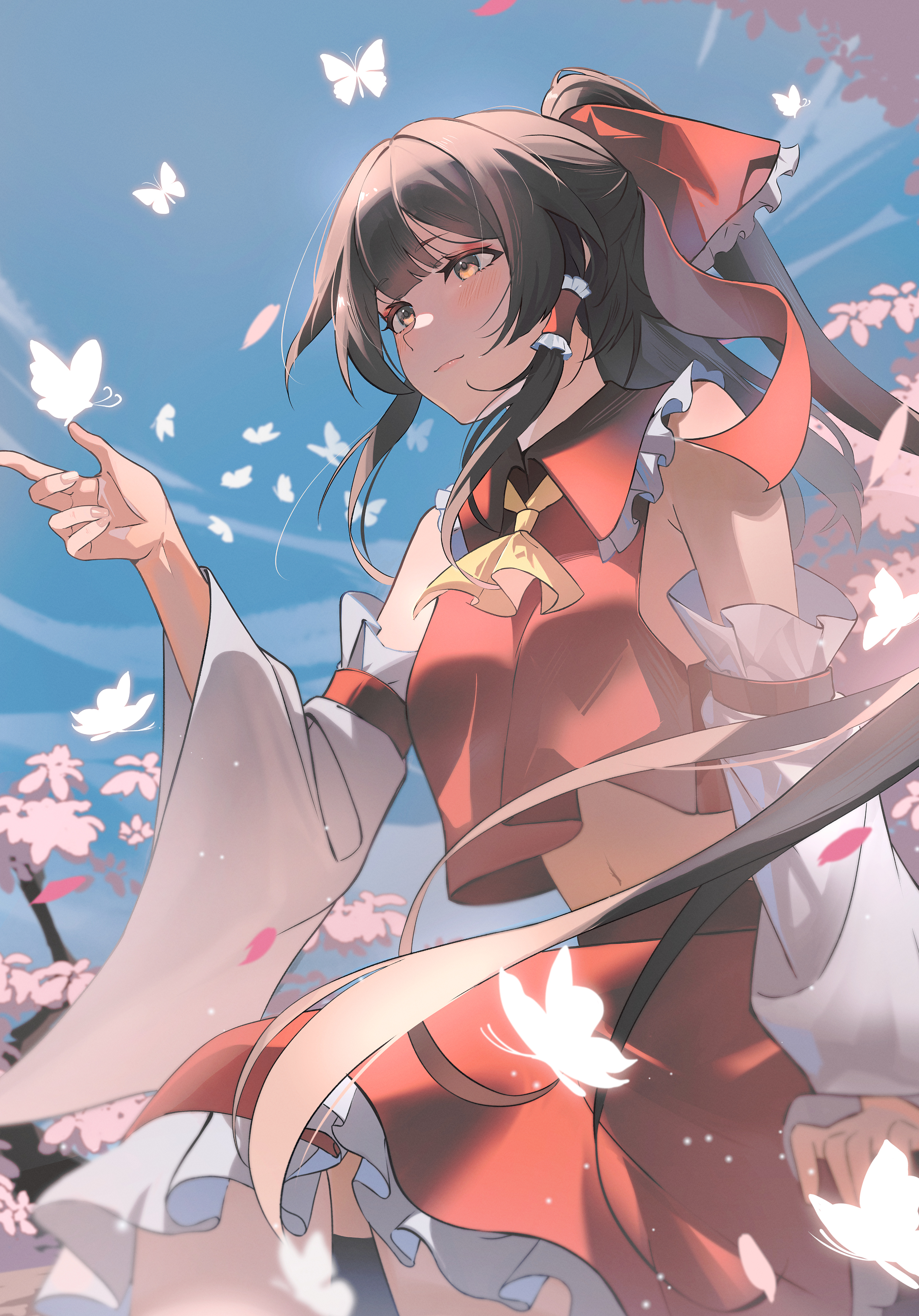 elise (wdsm2344), hakurei reimu, touhou, absurdres, chinese commentary, commentary, highres, 1girl, ascot, blue sky, bow, breasts, brown eyes, brown hair, bug, butterfly, cherry blossoms, closed mouth, day, detached sleeves, falling petals, frilled bow, frilled hair tubes, frills, hair bow, hair tubes, insect, long hair, midriff, navel, petals, pink petals, red bow, red skirt, sitting on branch, skirt, skirt set, sky, smile, solo, yellow ascot
