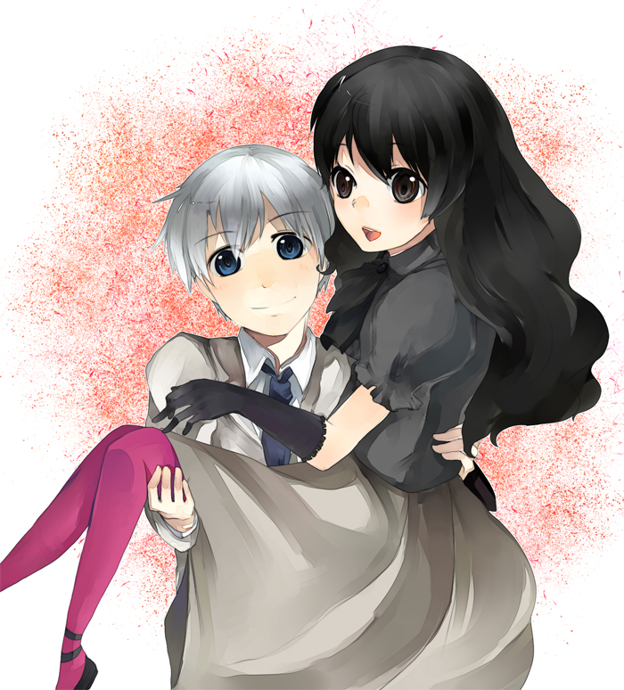yoshi kichi, original, silver hair, bad id, bad pixiv id, 1boy, 1girl, black eyes, black hair, blue eyes, carrying, dress, gloves, long hair, pantyhose, pink pantyhose, princess carry, short hair, upper body, white background