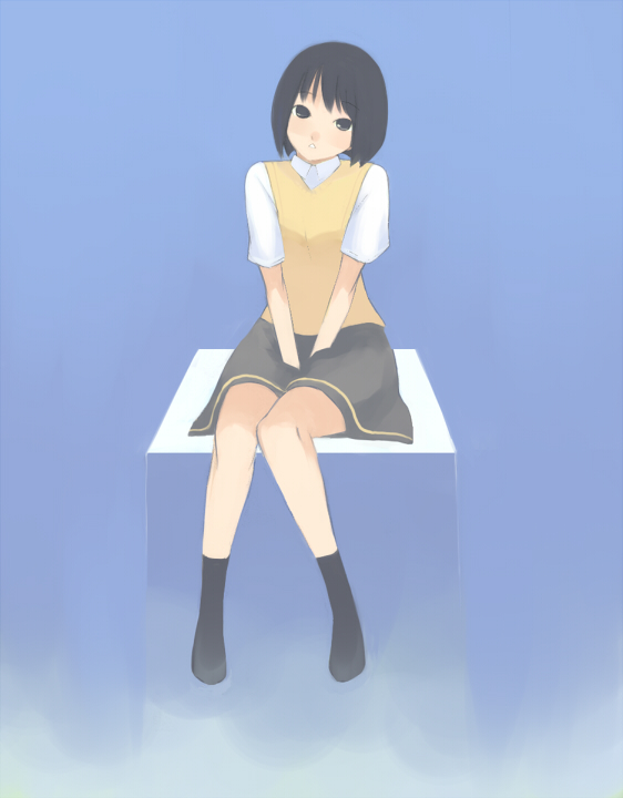 oboru konbu, original, bad id, bad pixiv id, black eyes, black hair, school uniform, serafuku, short hair, sitting, socks, solo, sweater