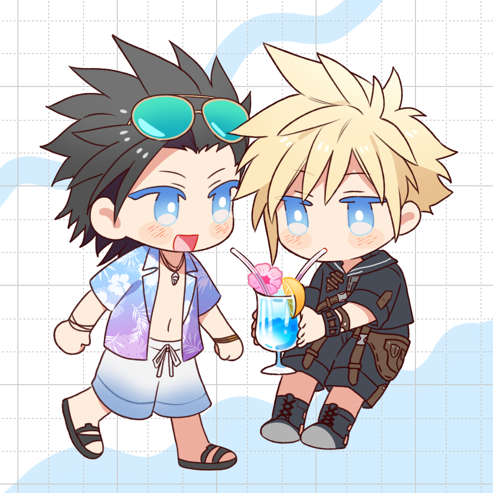 ktsmmi, cloud strife, cloud strife (maritime sailor), zack fair, final fantasy, final fantasy vii, final fantasy vii ever crisis, commentary request, 2boys, black hair, black sailor collar, black shirt, black shorts, blonde hair, blue-tinted eyewear, blue eyes, blue shirt, blush, checkered background, cup, drink, drinking, drinking straw, eyewear on head, floral print, full body, holding, holding cup, jewelry, looking at another, male focus, male swimwear, multiple boys, necklace, official alternate costume, open clothes, open shirt, print shirt, sailor collar, sandals, shirt, short hair, shorts, spiked hair, summer, sunglasses, swim trunks, tinted eyewear, zack fair (surfer look)