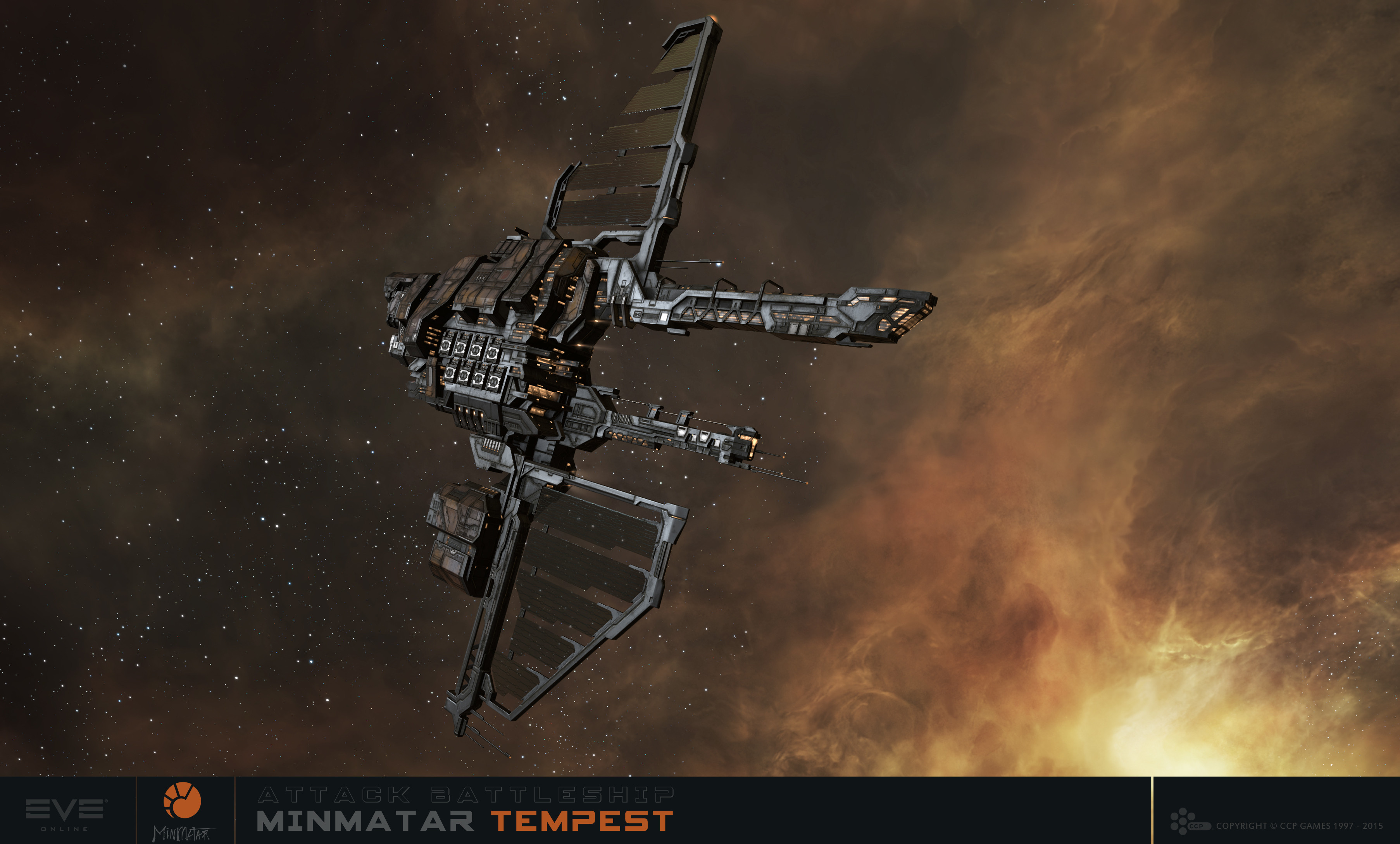 eve online, absurdres, commentary, english commentary, highres, maya (medium), 3d, attack ship (eve online), battleship (eve online), brown background, brown theme, cloud, company logo, company name, copyright logo, copyright name, dated, floating, glowing, logo, military vehicle, minmatar logo (eve online), minmatar republic (eve online), nebula, no humans, outdoors, radar, radio antenna, realistic, scenery, science fiction, solar panel, space, spacecraft, star (sky), starry sky background, tempest (eve online), thukker mix (eve online), vehicle focus, vehicle name, ymir jonsson