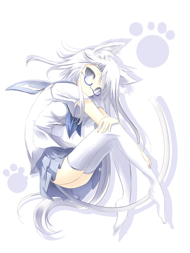 satomi (black scarecrow), original, animal ears, blouse, cat ears, cat girl, cat tail, from side, full body, glasses, long hair, miniskirt, plantar flexion, school uniform, serafuku, shirt, skirt, solo, swept bangs, tail, thighhighs, very long hair, white background, white shirt, white thighhighs, zettai ryouiki