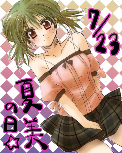 kimiyoshi natsumi, higurashi no naku koro ni, 00s, 1girl, bare shoulders, black skirt, blush, collarbone, cowboy shot, female focus, green hair, looking at viewer, plaid clothes, plaid skirt, pleated skirt, short hair, skirt, solo, twintails